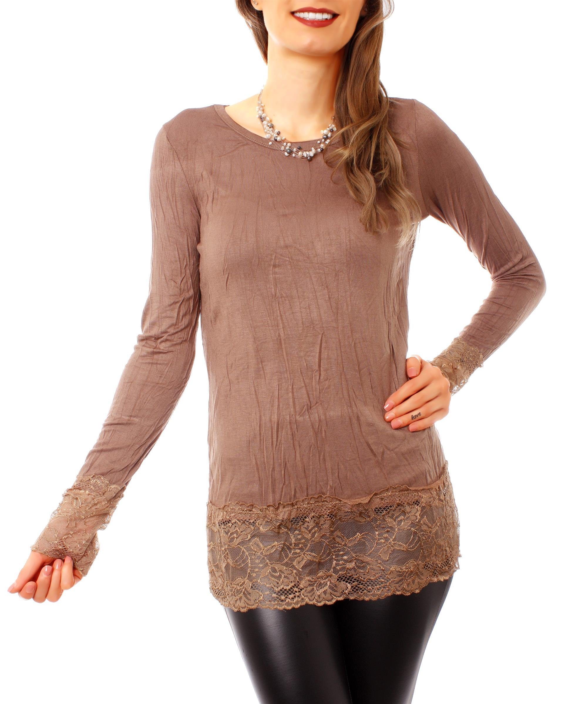 Muse Rundhalsshirt Langarm Longshirt mit Spitzensaum 0998