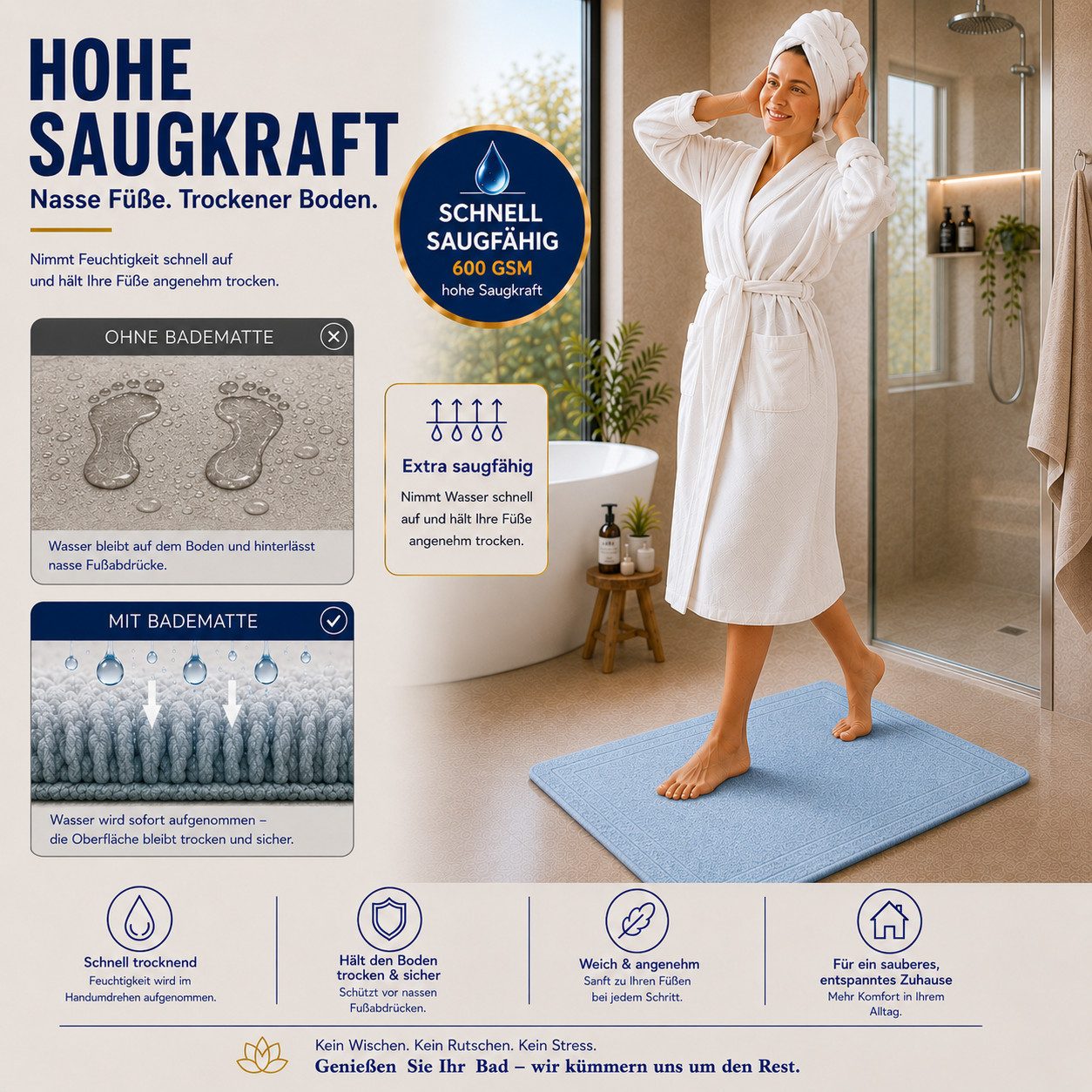 Komfortec Badematte 2er Badetuch Set aus 100% Baumwolle 50x70 cm Extra Weich & Saugstark, Rechteckig, 600 g/m² – Bild 2 von 5