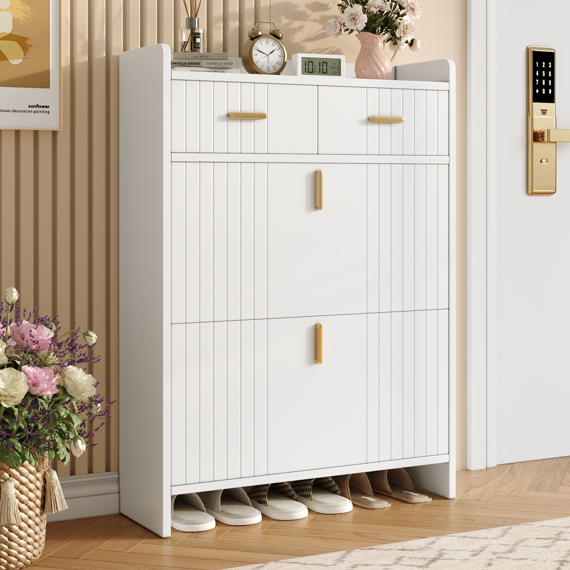 Merax Schuhschrank mit Klappen und 2 Schublade, schmaler Schuhkipper (1-St., mit 2 Ebenen, Schuhaufbewahrungsschrank) für Flur und Eingangsbereich – Bild 2 von 5
