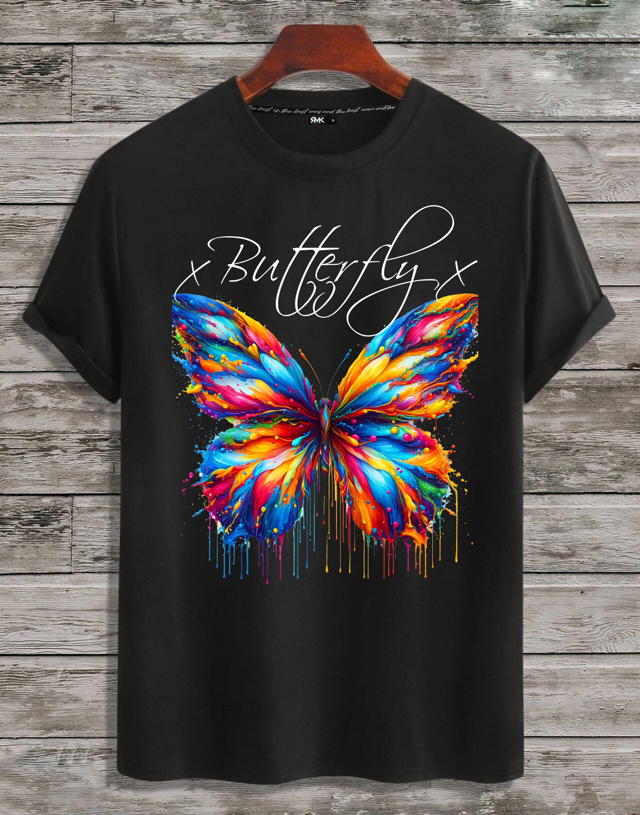T-Shirt Herren Shirt Basic Rundhals mit Butterfly Regenbogen