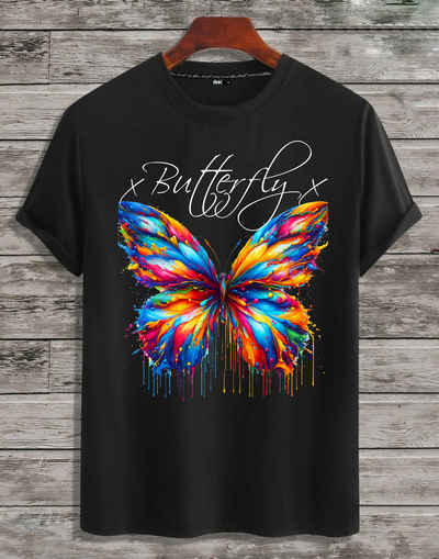 RMK T-Shirt Herren Shirt Basic Rundhals mit Butterfly Regenbogen Schmetterling