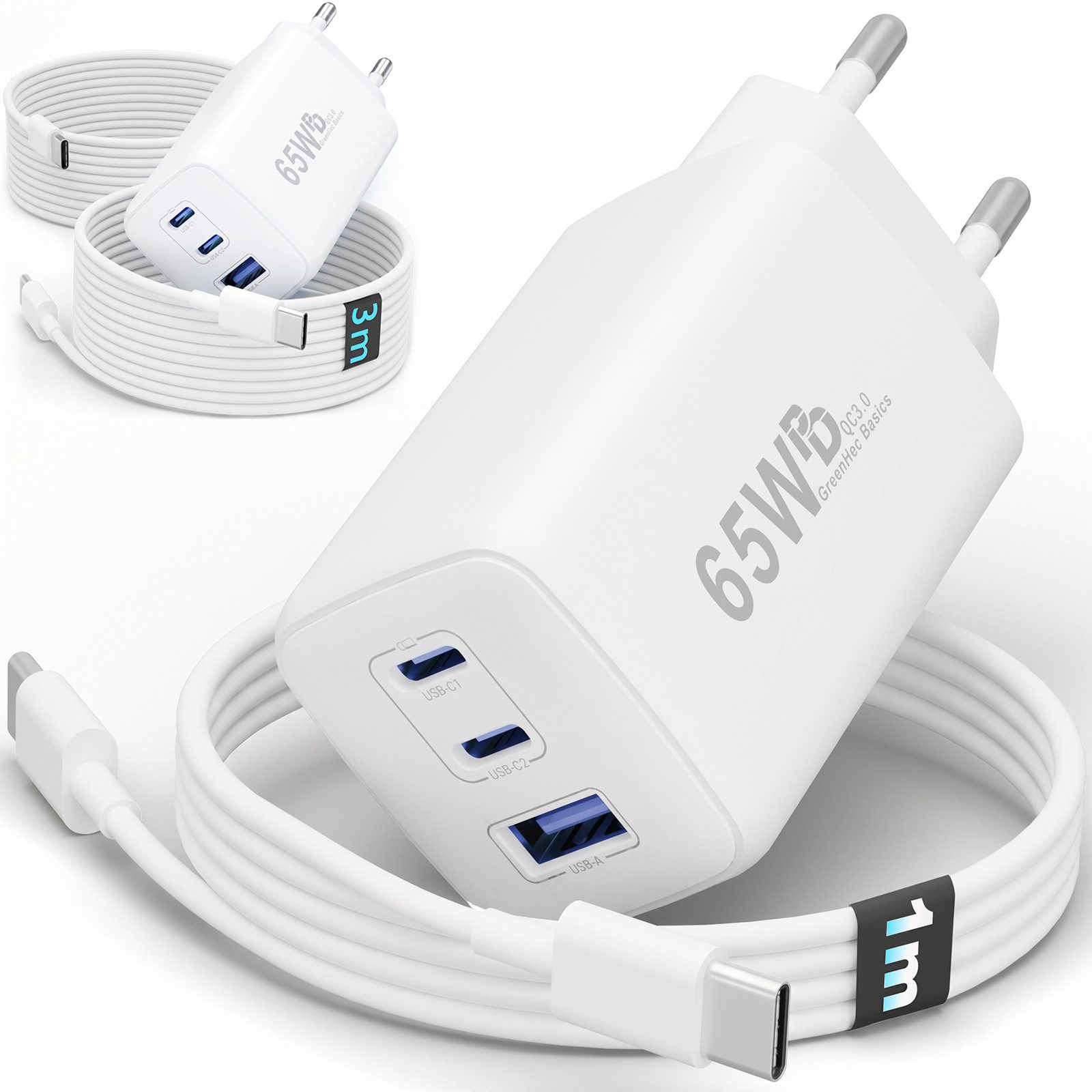 GreenHec 65w USB-C Ladegerät 3-Port Mehrfach Schnellladegerät GAN Netzteil Schnelllade-Gerät (50 mA, Spar-Set, Universelle Kompatibilität, + Ladekabel Fast Charger Adapter Macbook Ladestation Type C + USB-AA)