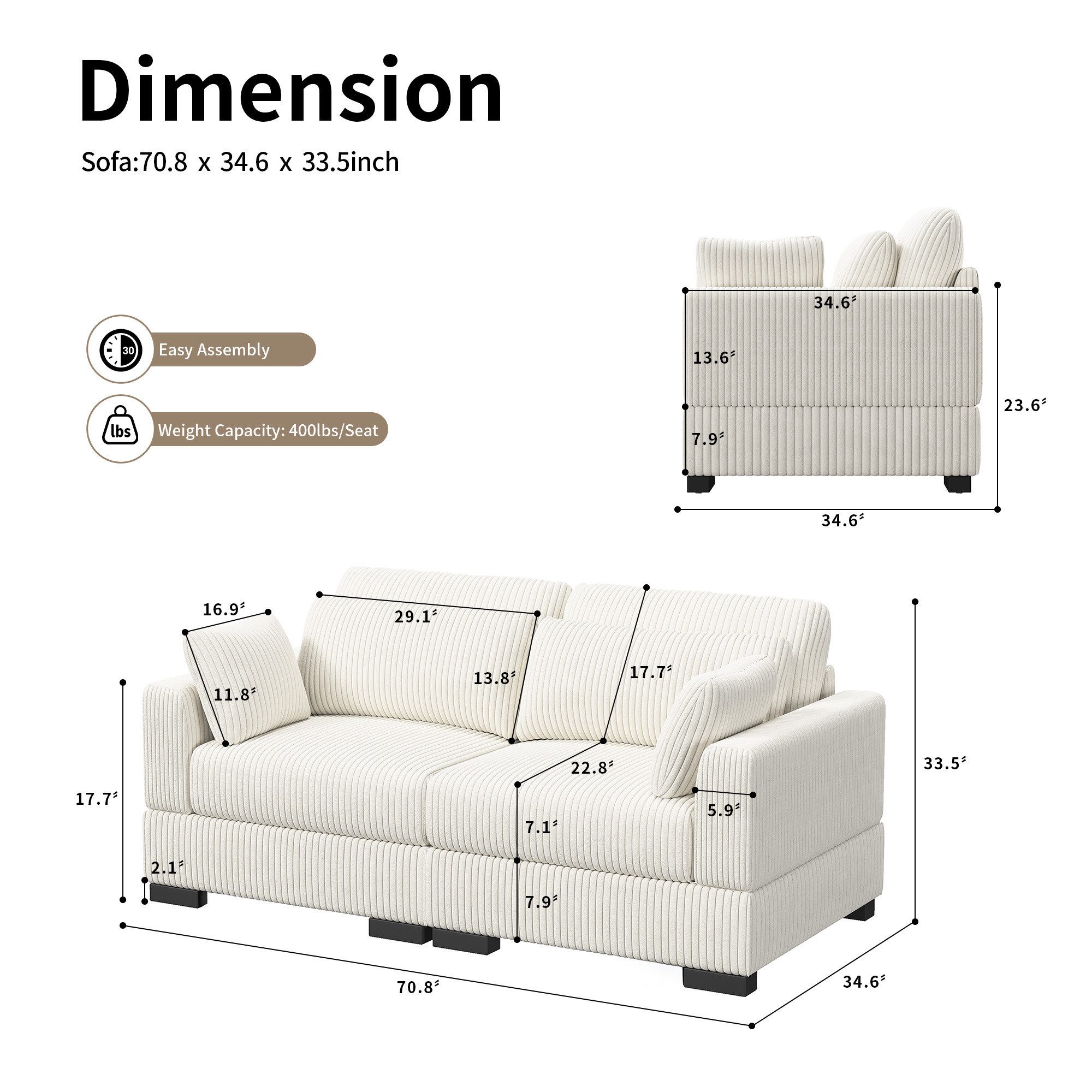 FUROKOY 2-Sitzer Polstersessel Sofa Ecksofa Polstersofa Cord mit Kissen und günstig online kaufen