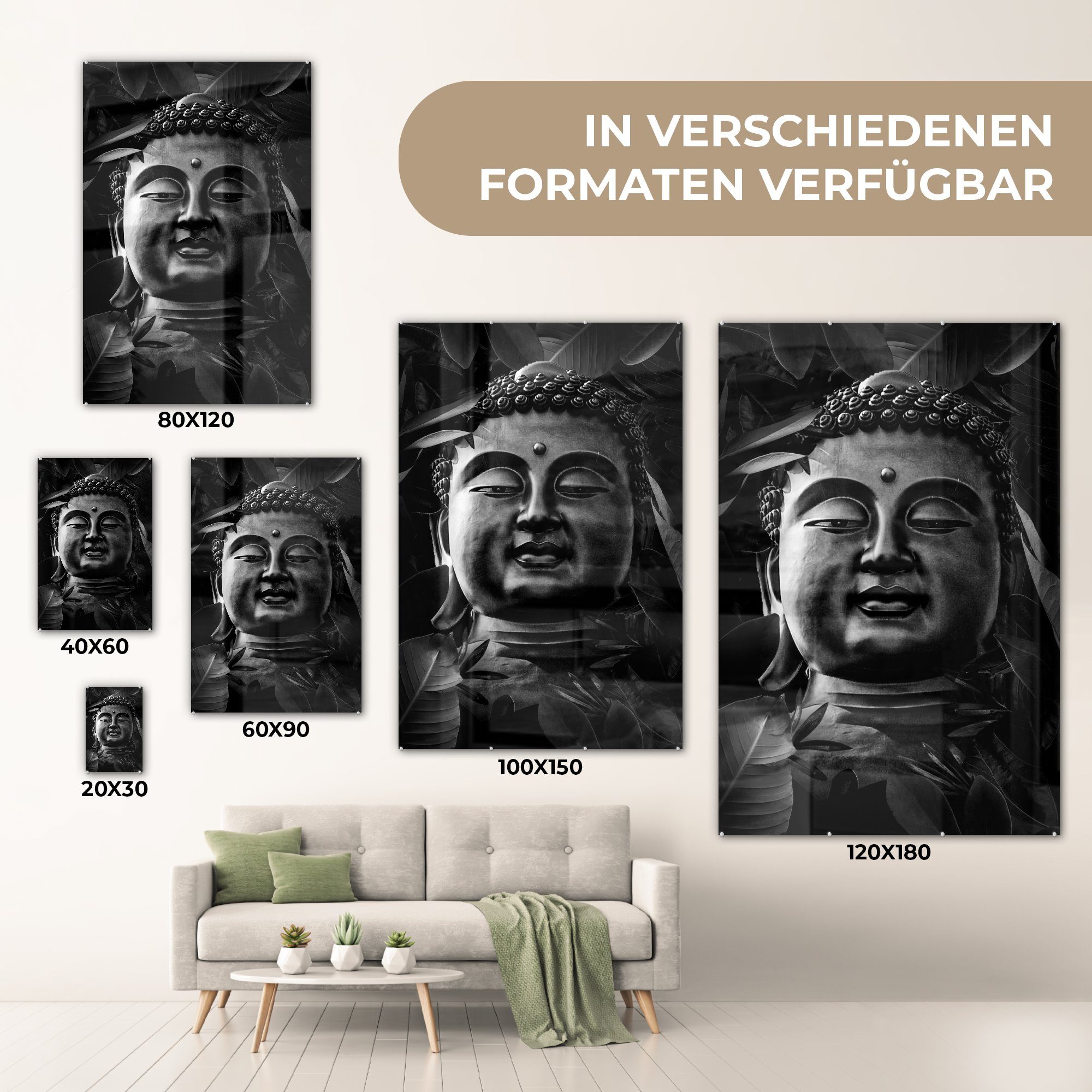 Buddhas eines Acrylglasbild mit und Kopf auf auf St), - Wandbild - - Glasbilder (1 weiß, MuchoWow Glas Bilder Glas Foto schwarz bunt - Wanddekoration Blättern