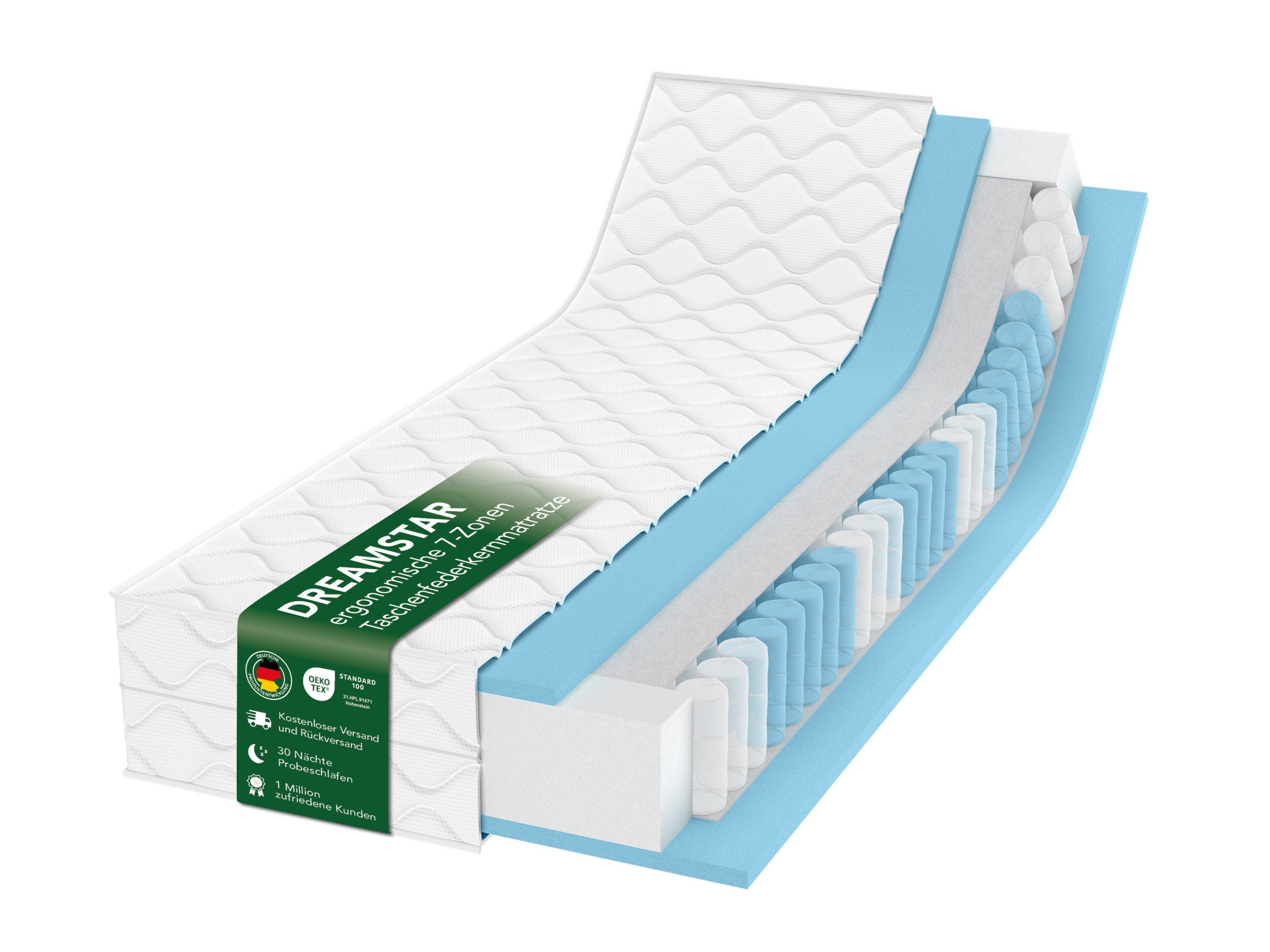 Taschenfederkernmatratze 7-Zonen, Ergo Flex Federkernmatratze H2/H3 - 17, 22 & 25 cm hoch, Dreamstar, ergonomisch, punktelastisch, atmungsaktiv - verschiedene Größen