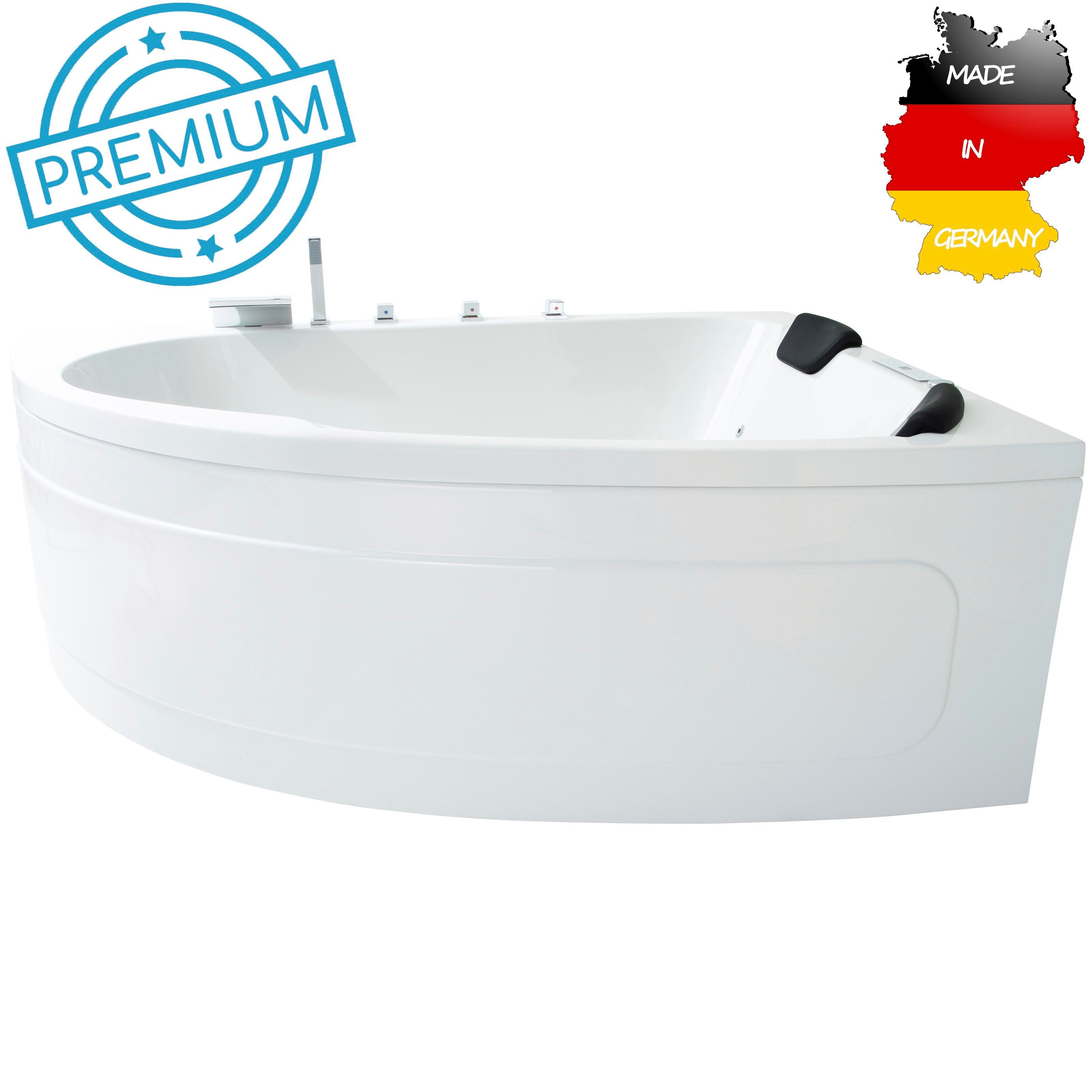 Basera® Whirlpool-Badewanne PREMIUM Indoor Eck-Whirlpool Badewanne Guam Re. 180x130cm für 2 Pers., (Komplett-Set), mit 25 Massagedüsen, Heizung, Wasserdesinfektion, Wasserfall, LED, ...