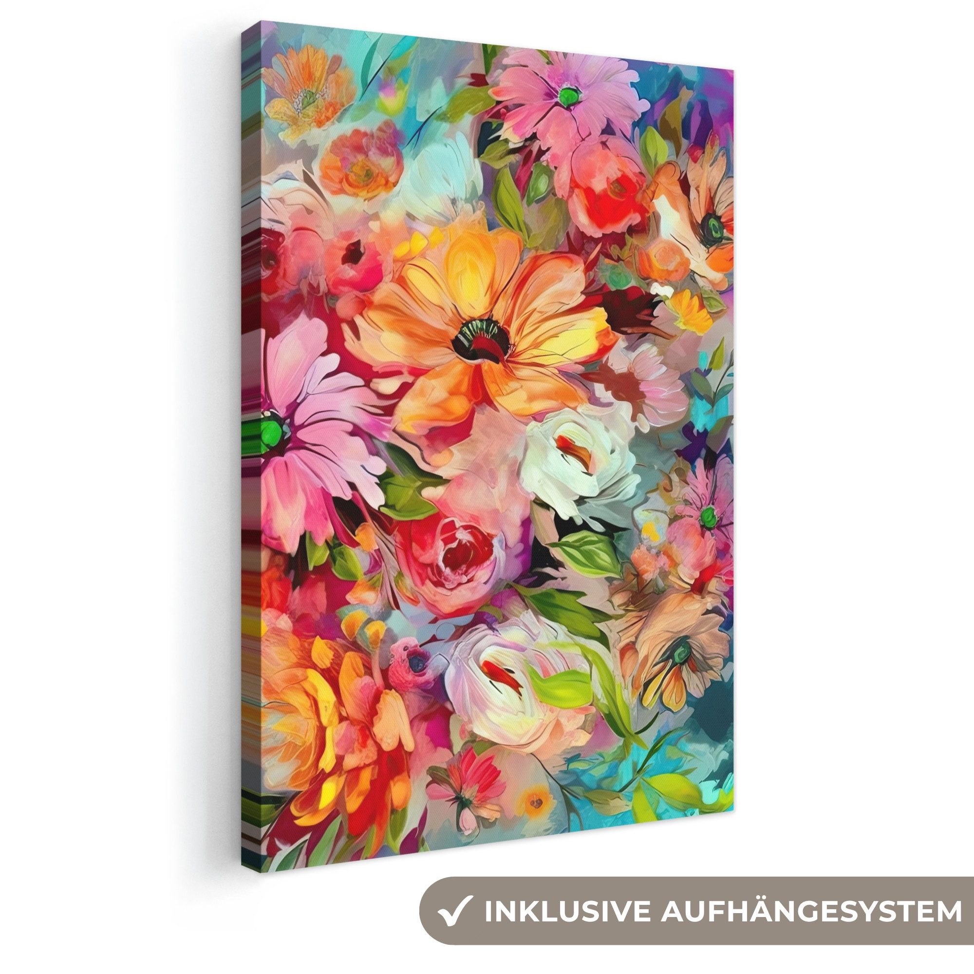 OneMillionCanvasses® Leinwandbild Blumen - Farbenfroh - Kunst - Ölfarbenoptik, Fotodruck (1 St), Leinwand Canvas Wandbild, Wanddekoration 20x30 cm
