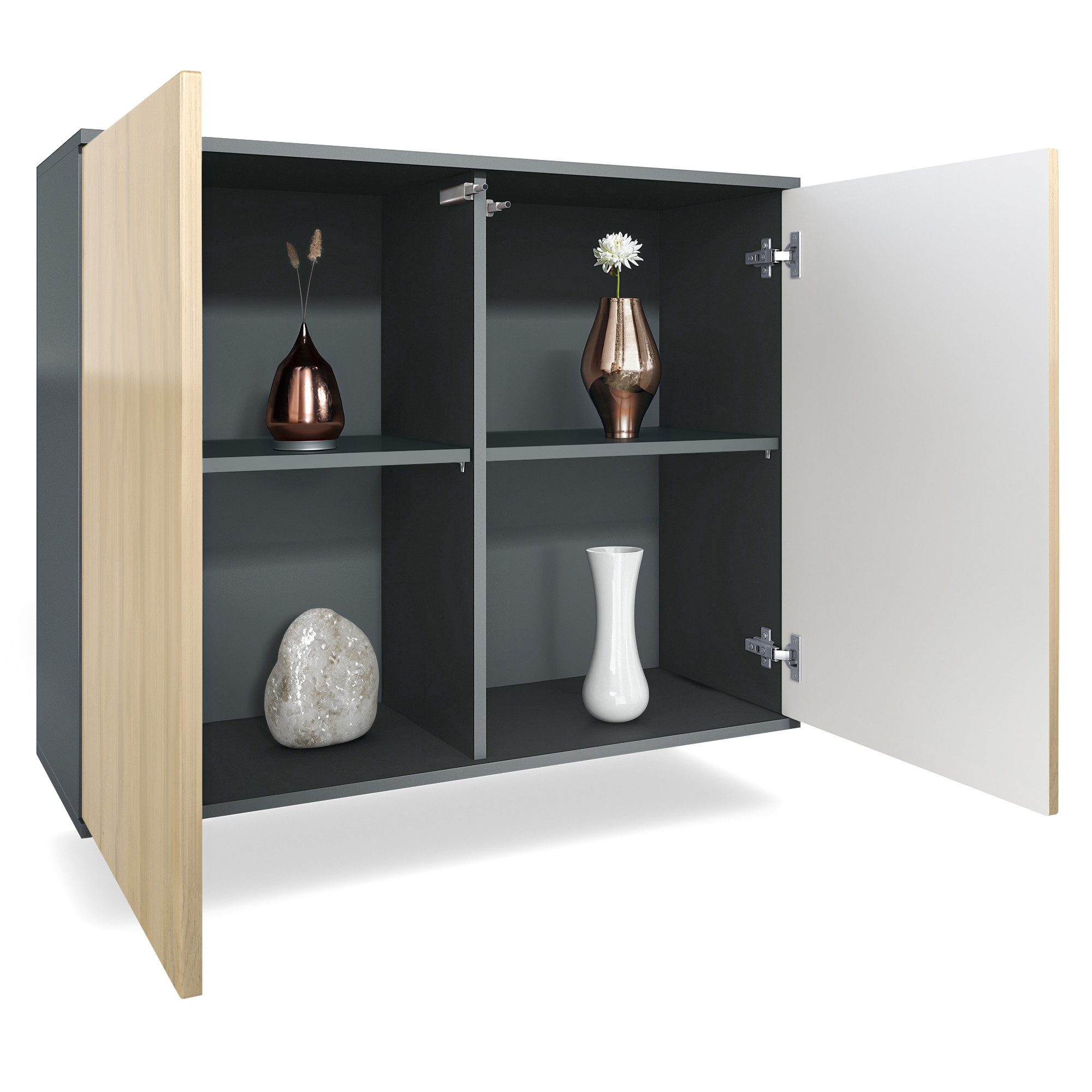 Vladon Kommode Skadu V3 (Moderner Küchenschrank, mit 2 großen Türen), Anthrazit matt / Sandgrau Hochglanz (92,5 x 73.5 x 35)