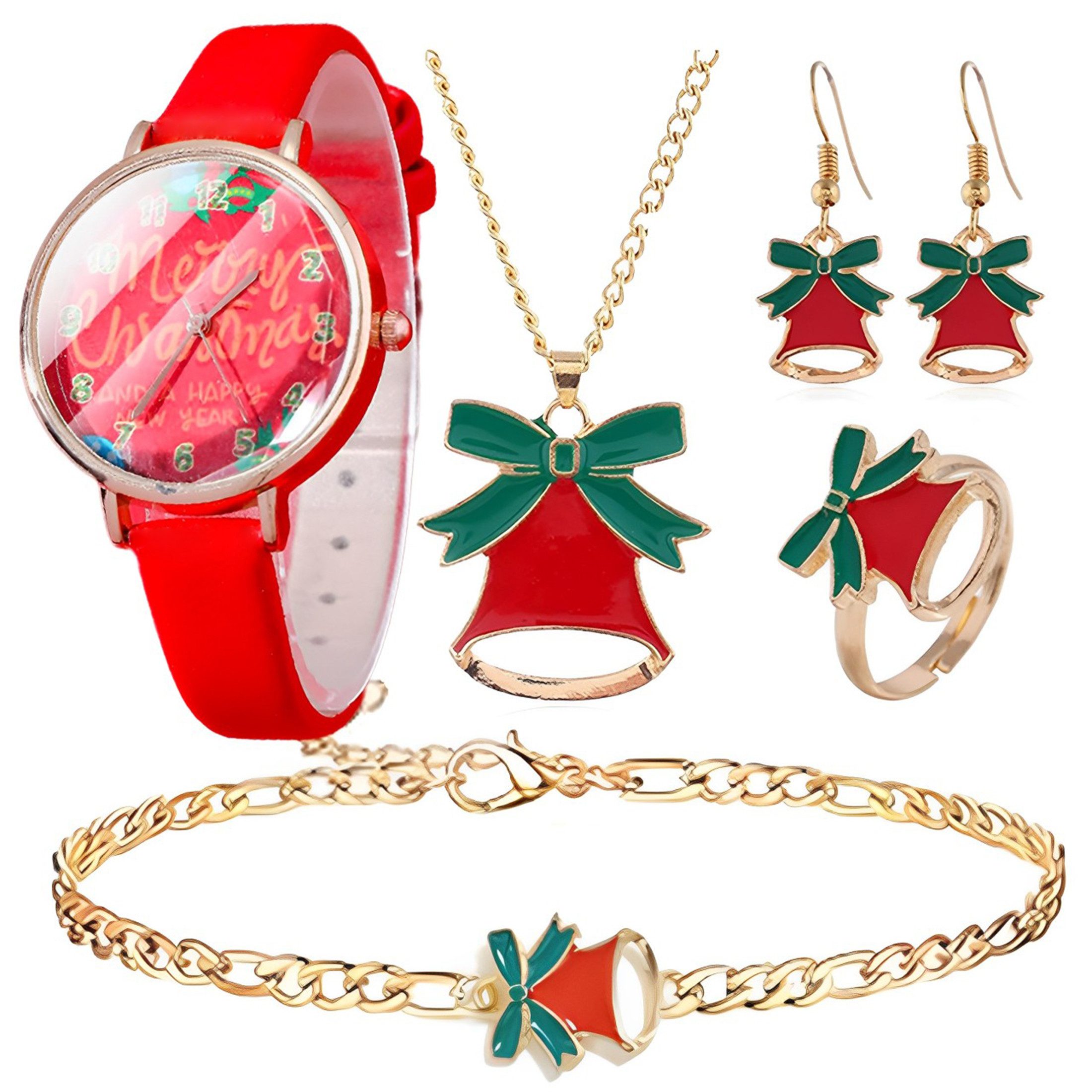 Luckice Weihnachtsmann 6pcs Weihnachtshalskette Set Ohrringe Armband Ring Halskette Quarzuhr (Weihnachten Schmuck Geschenke Set für Frauen Mädchen, Schmuck-Set für Damen mit Geschenkverpackung), Weihnachtsgeschenke, Neujahrsgeschenke, Party Geschenke