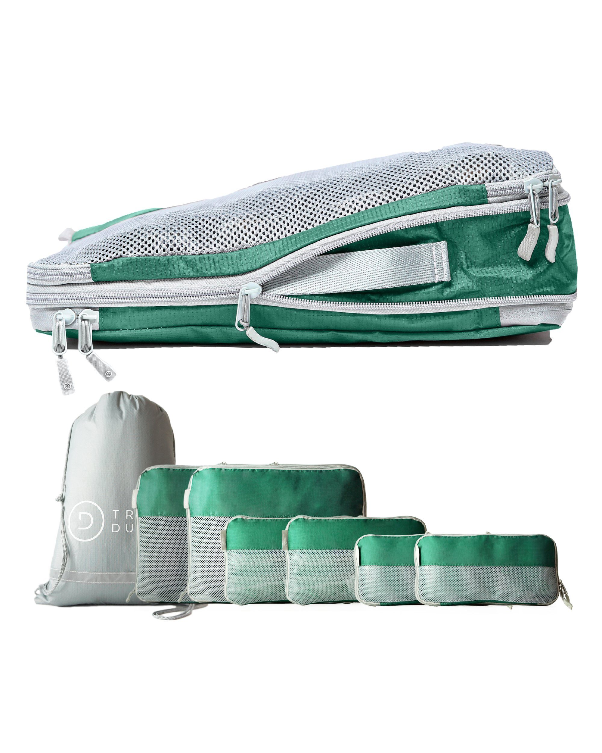 TRAVEL DUDE Kofferorganizer aus recycelten Plastikflaschen (ultraleichte Packwürfel, 7-tlg., Mit Packtaschen in verschiedenen Größen und einem Wäschebeutel), mit Kompression und einem Nassfach Olive Grün