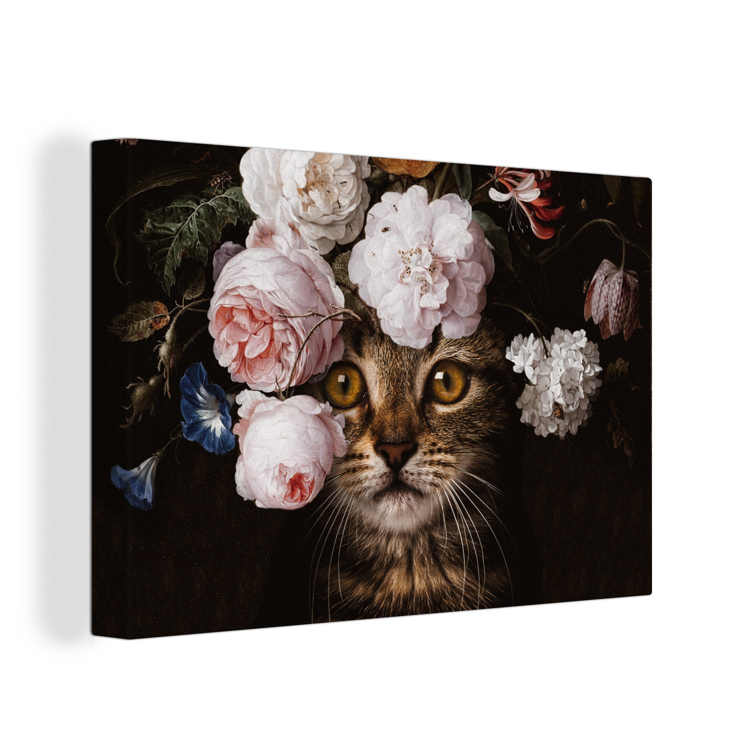 OneMillionCanvasses® Gemälde Katze - Blumen - Kunst, (1 St), Wandbild Leinwandbilder, Aufhängefertig, Wanddeko, 30x20 cm