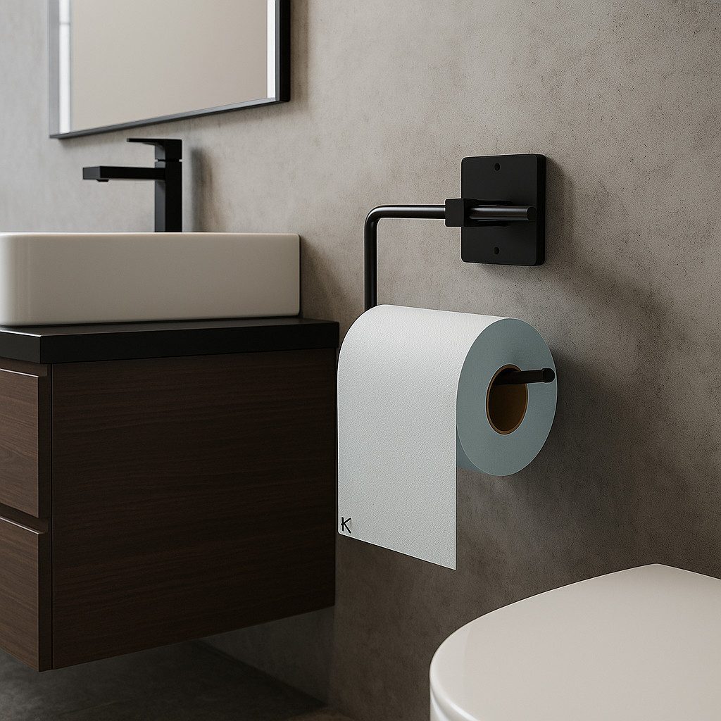Jungengel Toilettenpapierhalter Modern WC-Papierhalter Schwarz Selbstklebend Metall (1-teiliges Set bestehend aus einem WC-Papierhalter mit Klebepad), Stabiler WC-Rollenhalter – kleben ohne Bohren oder klassisch schrauben