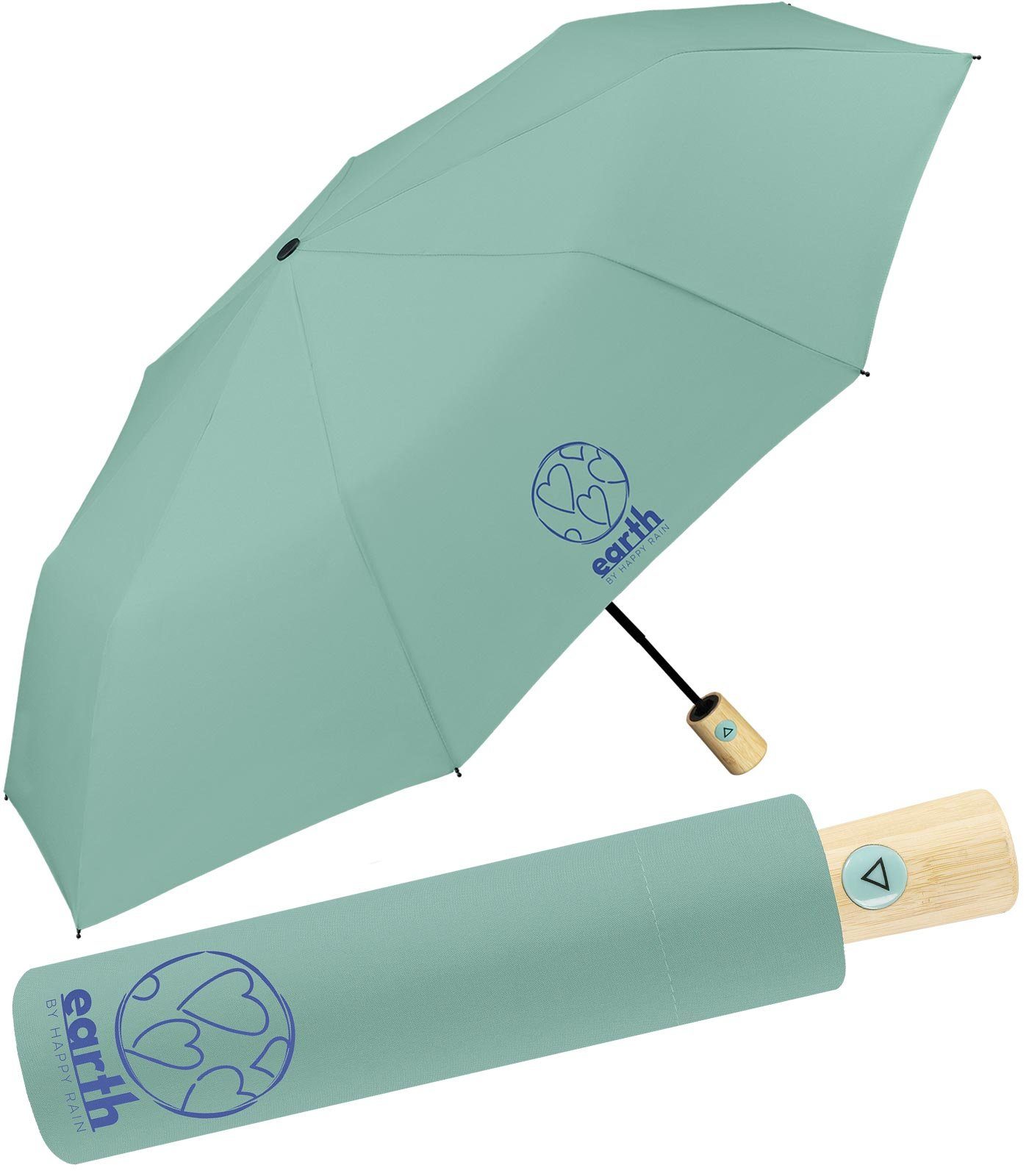 HAPPY RAIN Taschenregenschirm Earth - nachhaltiger Schirm mit Auf-Automatik, gut geschützt etwas für die Umwelt tun türkis