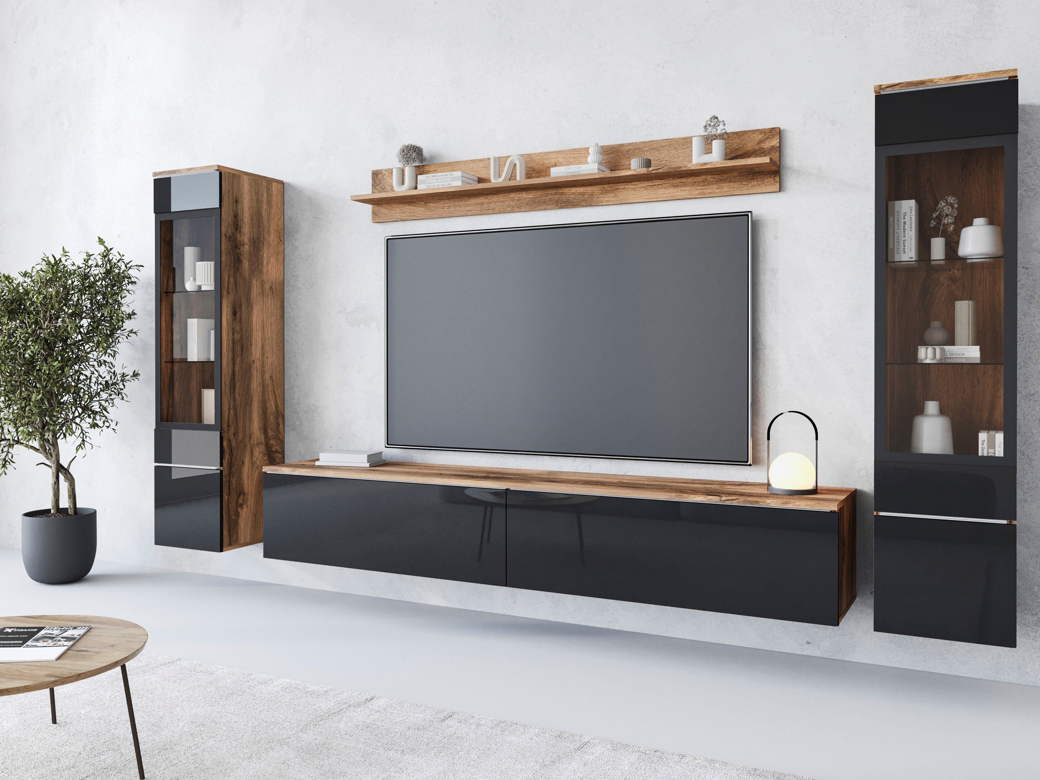 INOSIGN Wohnwand VERA II, Vitrinen Türanschlag wechselbar, (Komplett-Set, 4-St), Mediawand 260 cm, Vitrine mit Verglasung, stehend und hängend