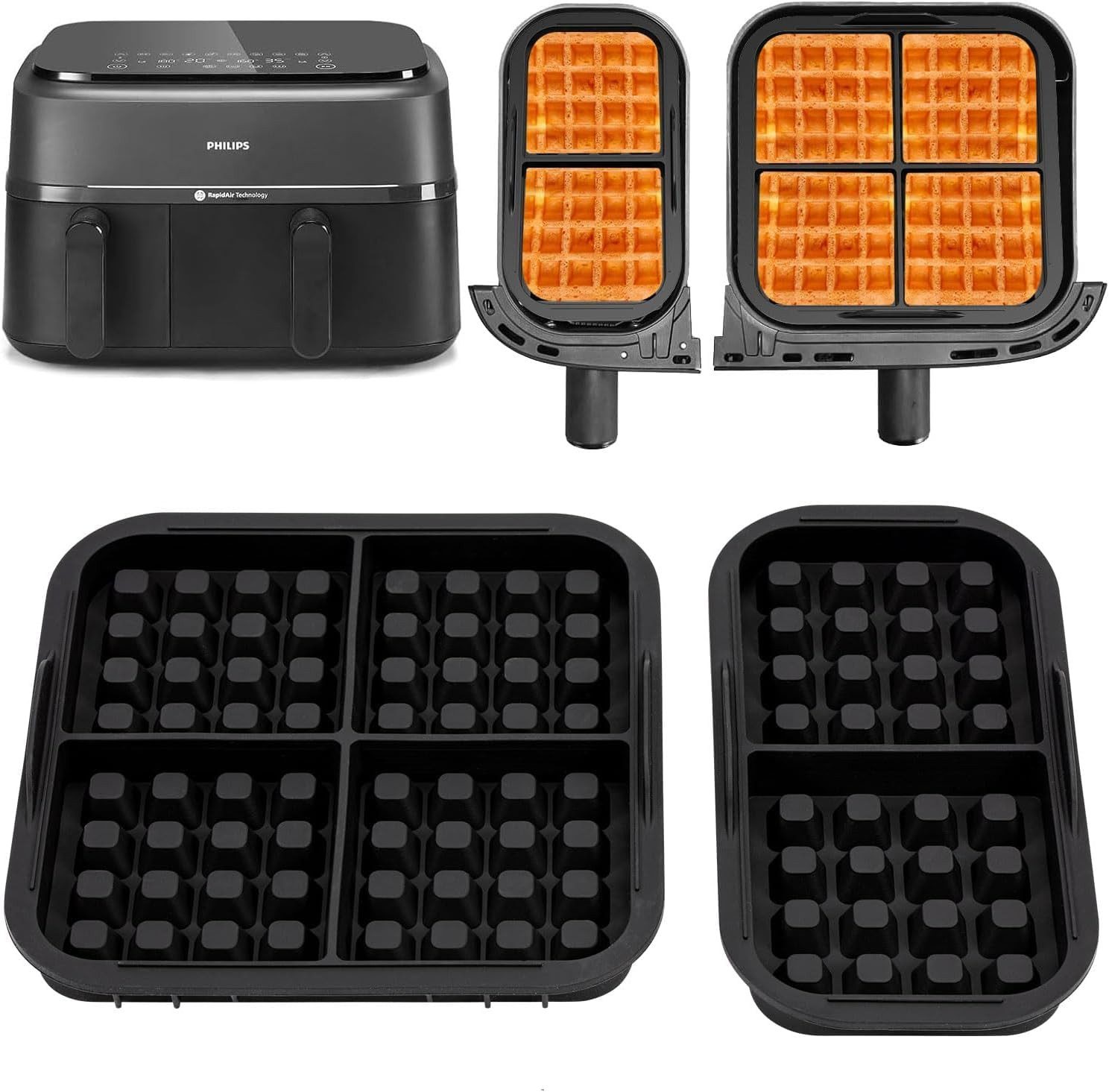 SURFOU Backform Waffelformen Waffel-Einsätze für Airfryer Philips N350 & Tefal EY9018, (Hitzebeständige Waffelformen (bis 230 °C) aus geschmacksneutralem, BPA-freiem Silikon – passend für Philips NA350 und Tefal EY9018, mit Antihaft-Beschichtung, spülmaschinenfest und platzsparend stapelbar 2-tlg), Hitzebeständig im Bereich von -40 °C bis +230 °C