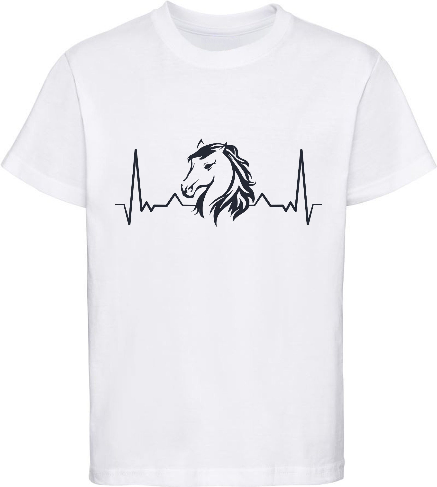 T-Shirt Baumwollshirt i143 Print-Shirt weiss Herzschlaglinie bedrucktes Aufdruck, mit Pferdekopf mit MyDesign24 Mädchen