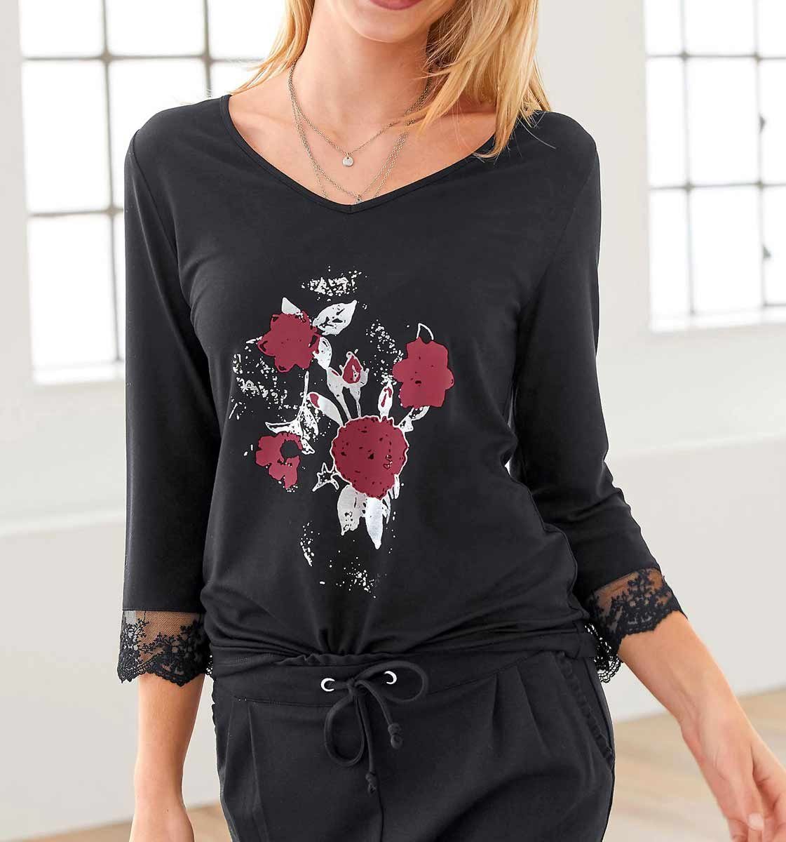 heine T-Shirt LINEA TESINI Damen Designer-Druckshirt, schwarz-bunt