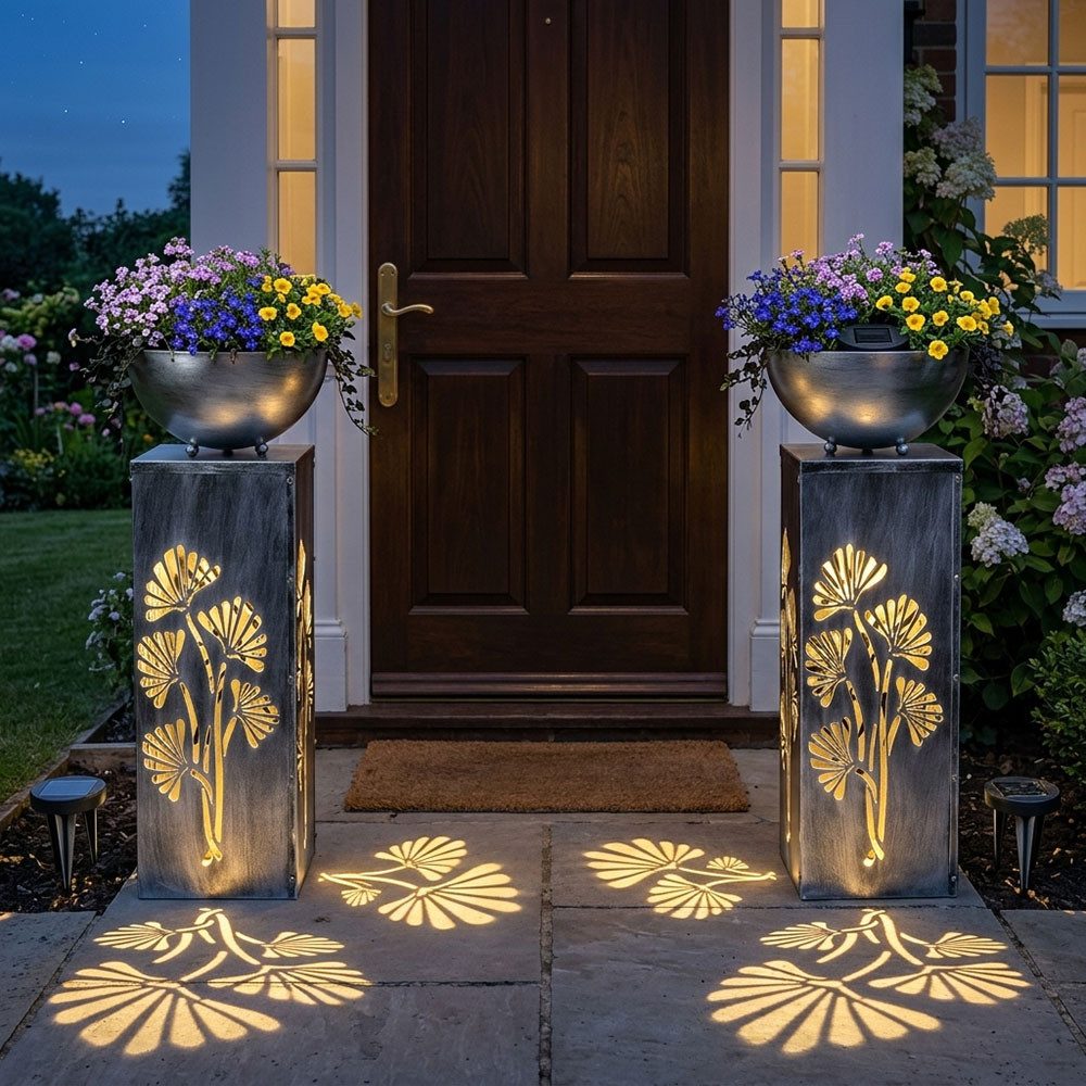 Haushalt International LED Solarleuchte, LED-Leuchtmittel fest verbaut, Warmweiß, 2er Set Solarleuchte Pflanzschale Außenlampe LED Blumentopf silber