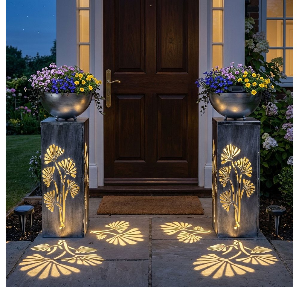 Haushalt International LED Solarleuchte, LED-Leuchtmittel fest verbaut, Warmweiß, 2er Set Solarleuchte Pflanzschale Außenlampe LED Blumentopf silber