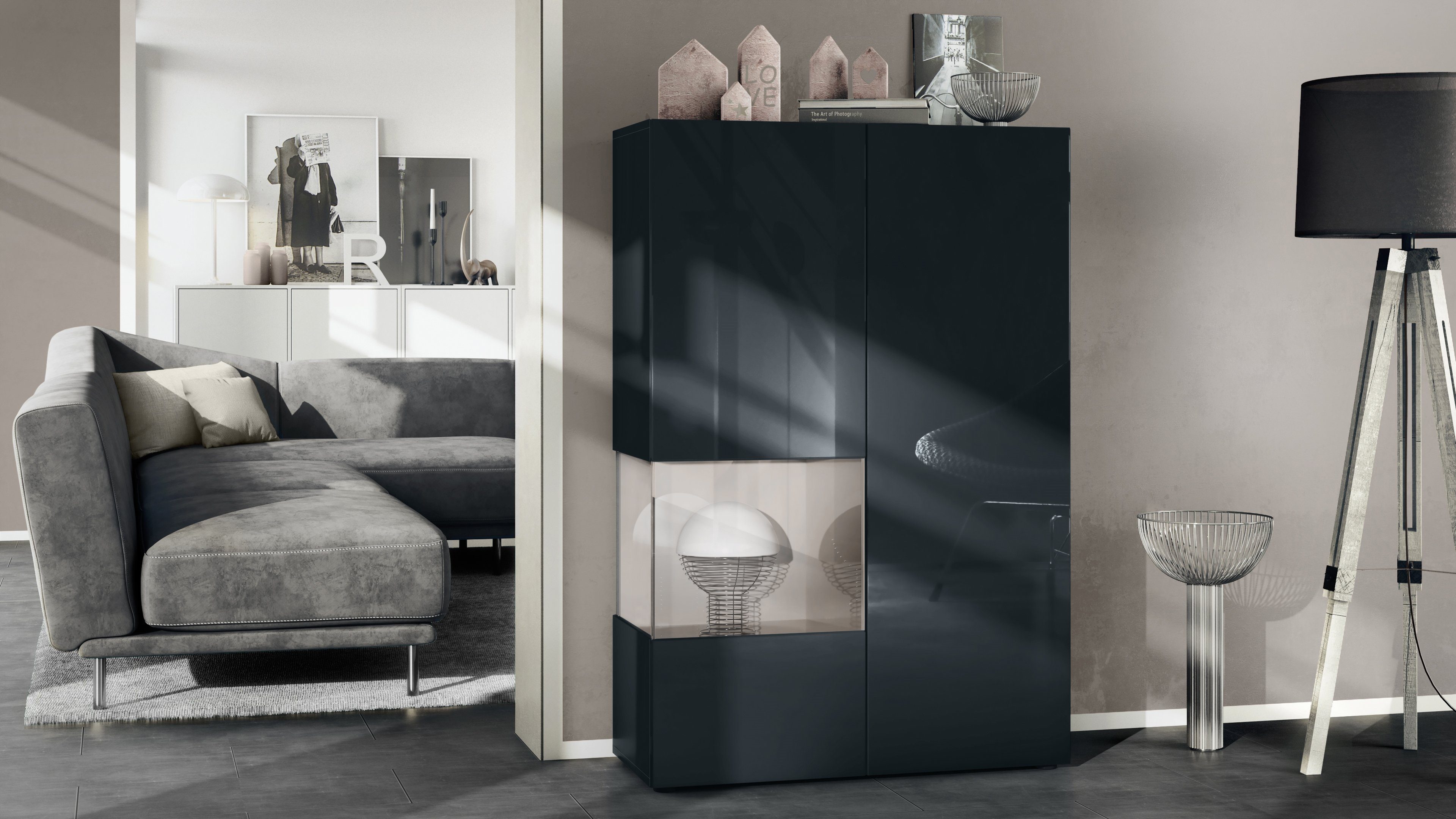 Vladon Standvitrine Morena V2 (Standvitrine, mit 2 Türen und Glaseinsatz) Vitrine mit 2 Türen dahinter insgesamt 7 Fächer