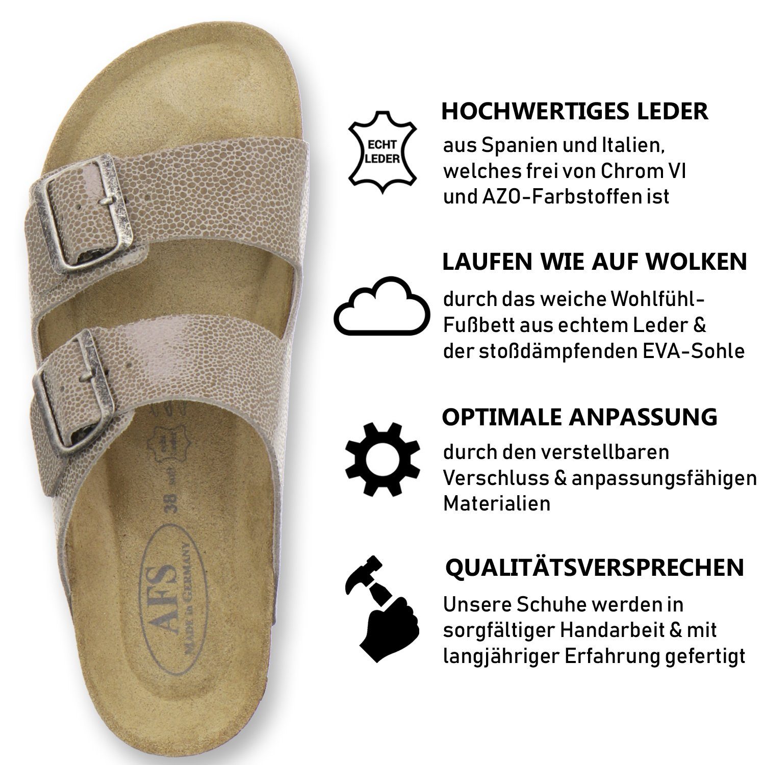 AFS-Schuhe 2100 mit beige-reptil Leder für Damen Pantolette aus Made Fussbett, in Germany