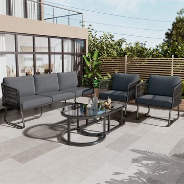 MODFU Gartenlounge-Set Gartenmöbel-Set, (5-tlg., 1 Sofa, 2Stuhl, 2 Tisch, inklusive aller Sitz-und Rückenkissen), mit Rahmen aus verzinktem Eisen, verstellbare Füße,Tischplatte aus Glas