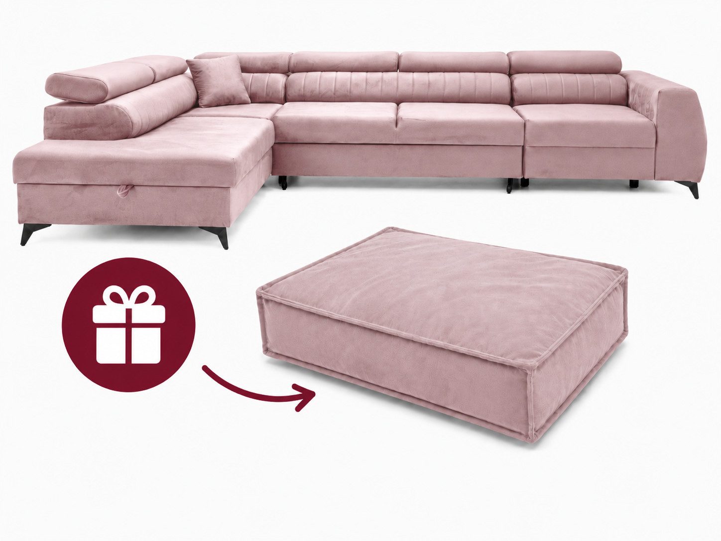 Muffo Ecksofa PIERO MAXI + Haustierbett in der Farbe des Möbelstücks GRATIS, mit Schlaffunktion und Bettkasten, Verstellbare Kopfstützen