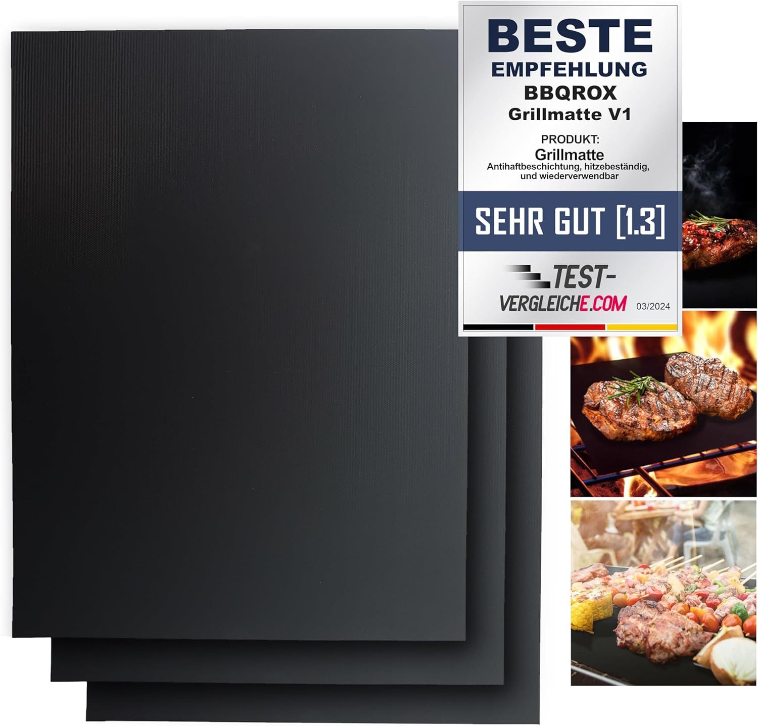 BBQROX Grillplatte [Vergleichssieger 2025] Grillmatte, Grillunterlage, 3er Set