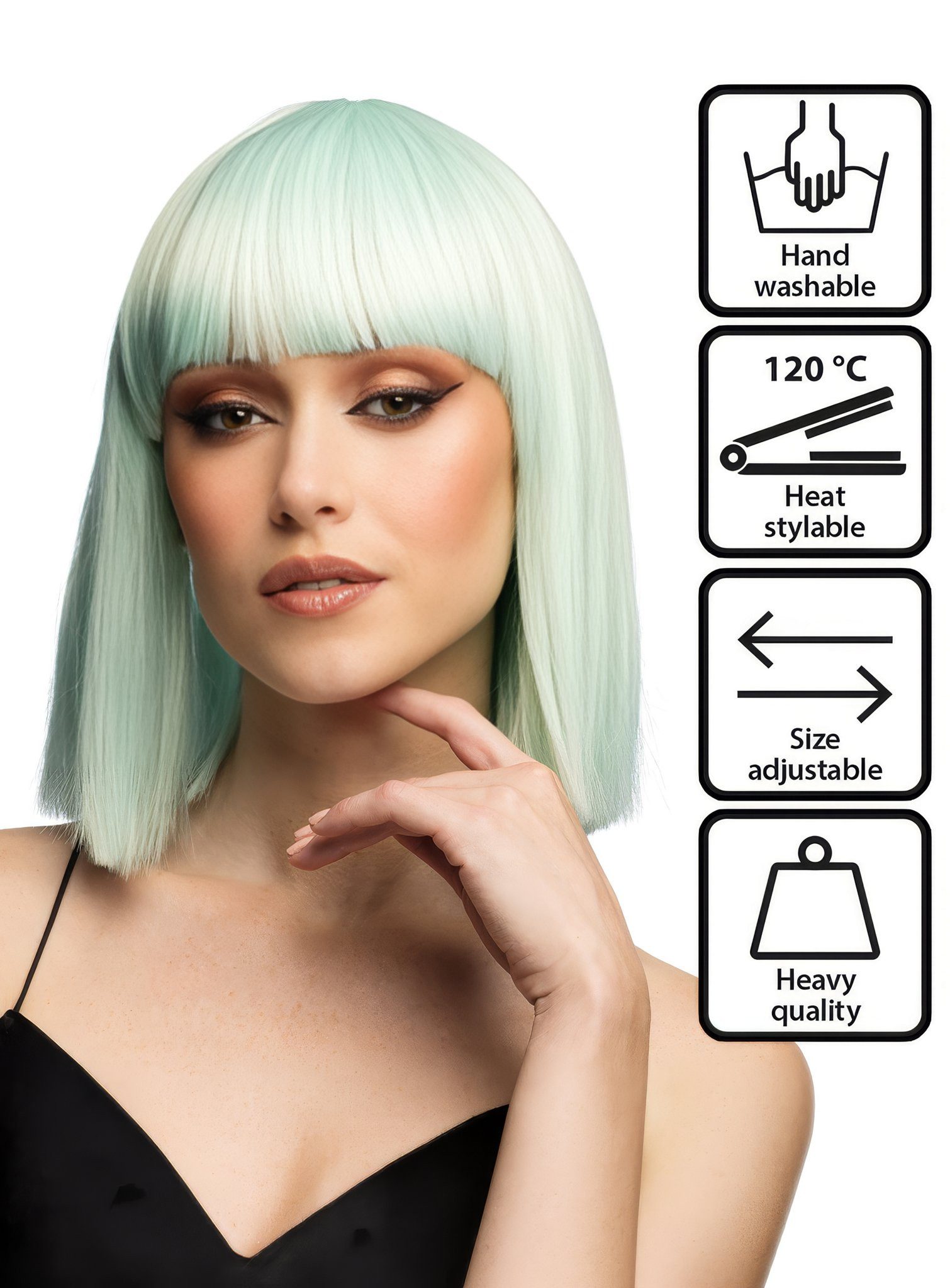 Boland Kostüm-Perücke Blunt Bob mit Pony Perücke mintgrün, Hochwertige Perücke mit glatter Kurzhaarfrisur