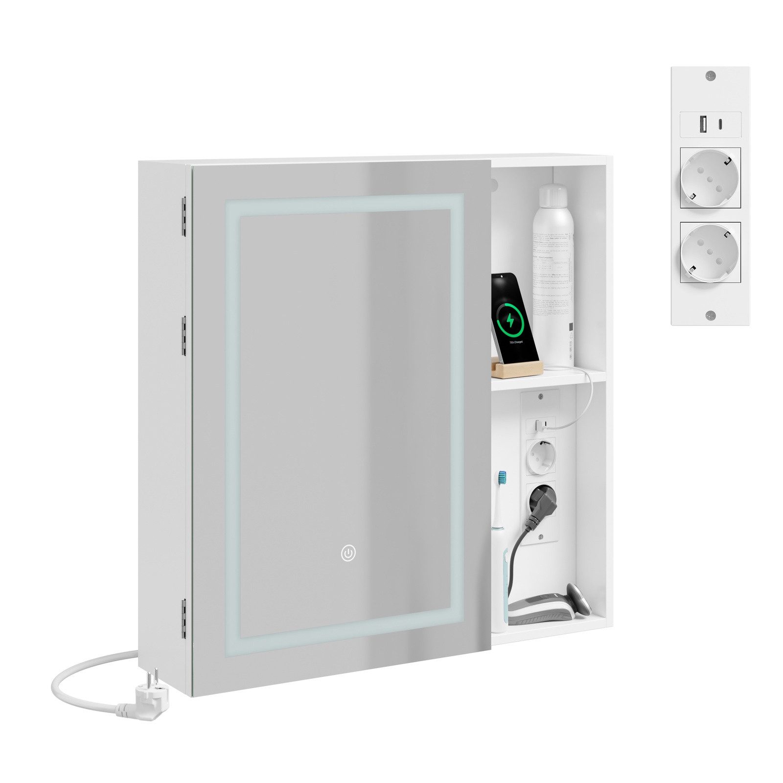 SoBuy Spiegelschrank BZR239-E, Badezimmerschrank Hängeschrank mit LED und Steckdose (1er Set) Badspiegelschrank Wandregal mit Touch-LED, USB-Anschluss Badezimmer
