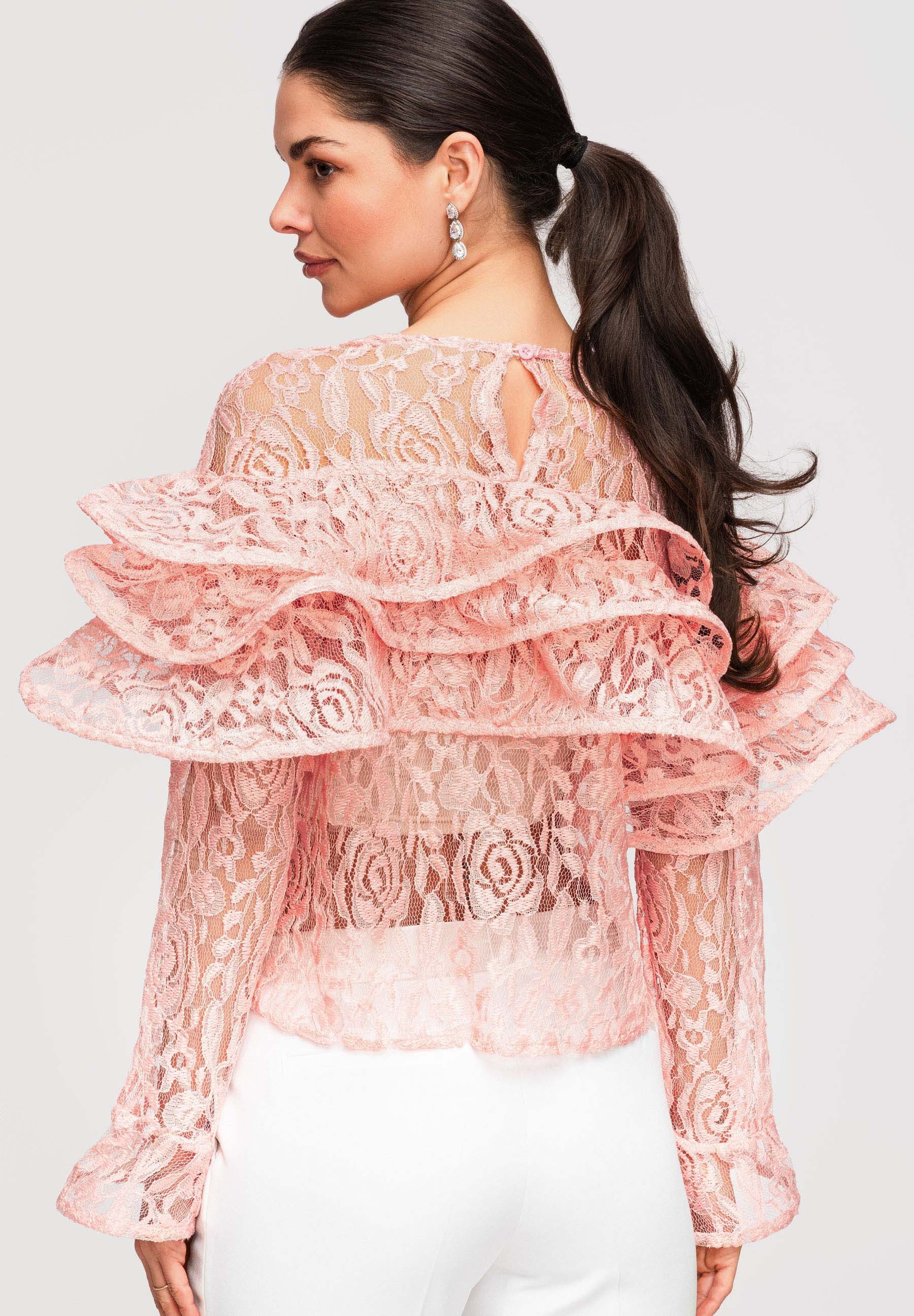 OMBRE Langarmbluse Damen Bluse Spitze Rüschen Elegant Pink ONESIZE (kein Set, 1-tlg) Ajour-Spitze, mehrlagige Rüschen