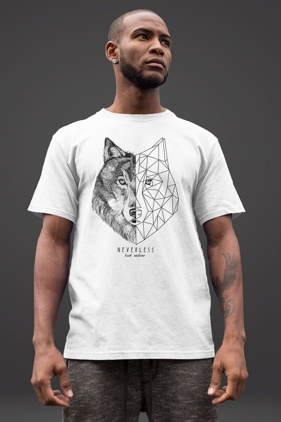 Wolf Kunst Streetstyle Herren weiß Print T-Shirt Polygon Print-Shirt Fashion Tiermotiv Printshirt Grafik Neverless® mit Neverless
