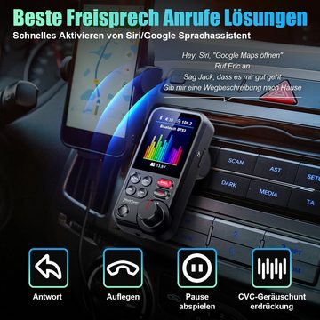 VSIUO Bluetooth Adapter Auto, Starkes Mikrofon FM Transmitter Auto Bluetooth KFZ-Transmitter Höhen- und Bassmusik-Player, mit 1,8-Zoll-Farbbildschirm, unterstützt QC3.0-Lade-