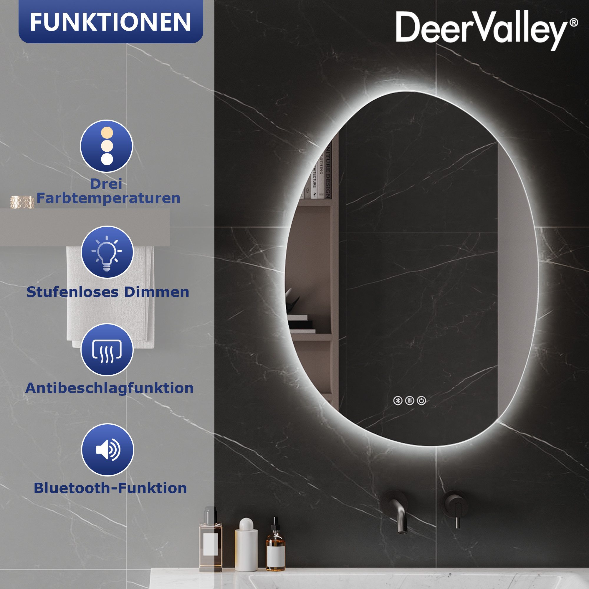 DeerValley Spiegelschrank DeerValley Badezimmer Wandspiegel, Antibeschlag Bluetooth Lautsprecher automatische Abschaltung energiesparend