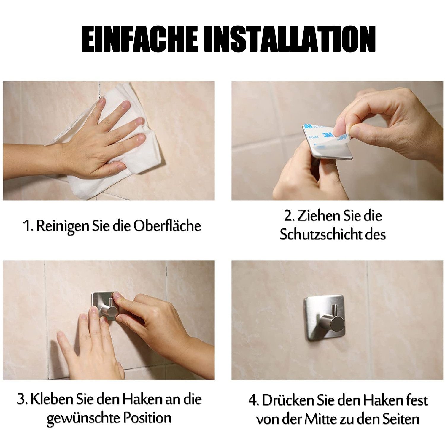 TUWENA Handtuchhaken 4 Stück Klebehaken Handtuchhalter Wandhaken Ohne Bohren aus Edelstahl, (4-St), Ideal für Hotel Küche Büro, als praktische Klebehaken
