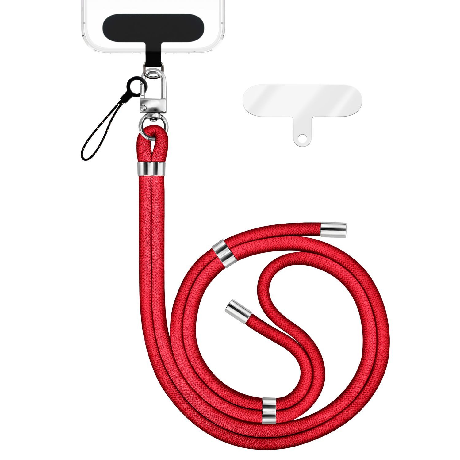 Nalia Handykette Universal Smartphone, Nylon Handyband / Karabiner Silber & 2 Pads / 35-75cm Tragelänge