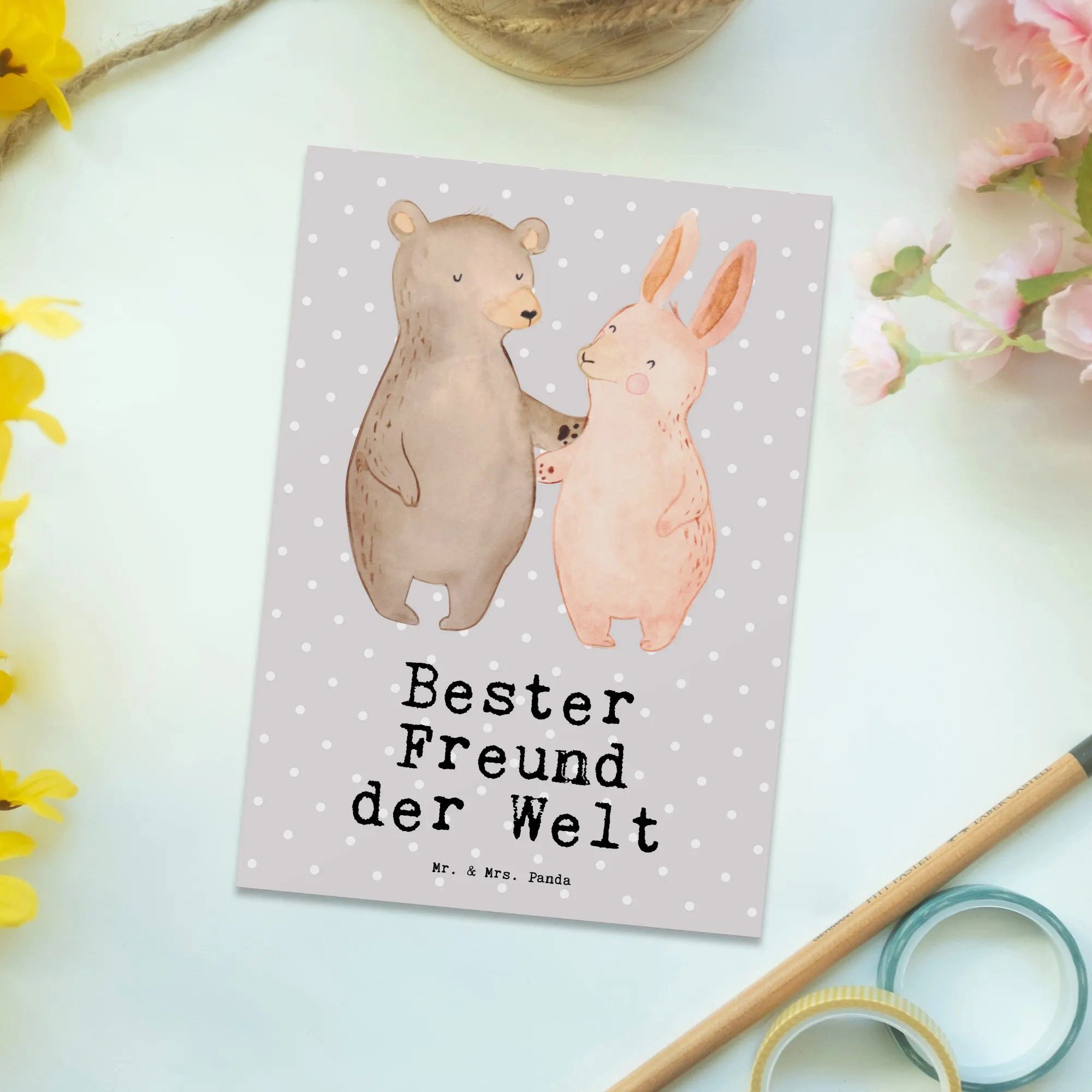 Thumbnail - Mr. & Mrs. Panda Postkarte Hase Bester Freund der Welt - Grau Pastell - Geschenk, Partner, Gebur, Lustige Sprüche