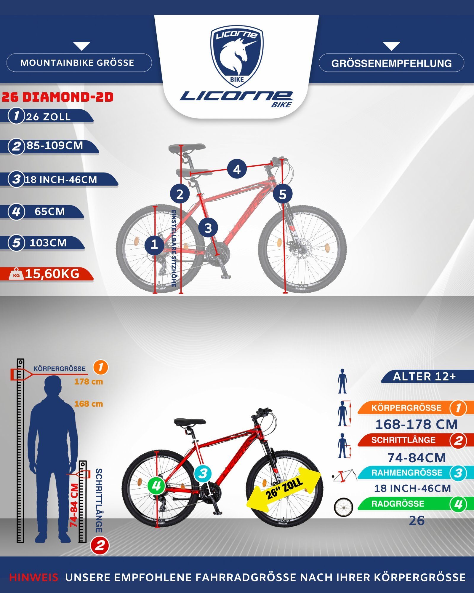 Licorne Bike Mountainbike Licorne Bike und Diamond Mountainbike 21 Rot 27.5 Gang 26, 29 Alu Premium Zoll