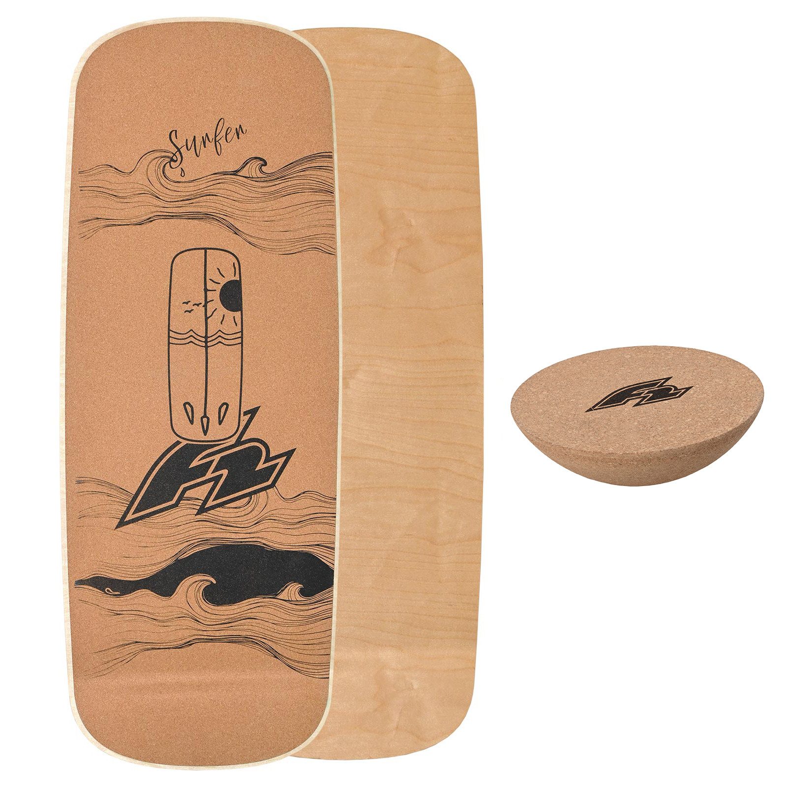 Balanceboard F2 Set Kork Balance Board Pill Flat Shape 83x29cm + Halbkugel