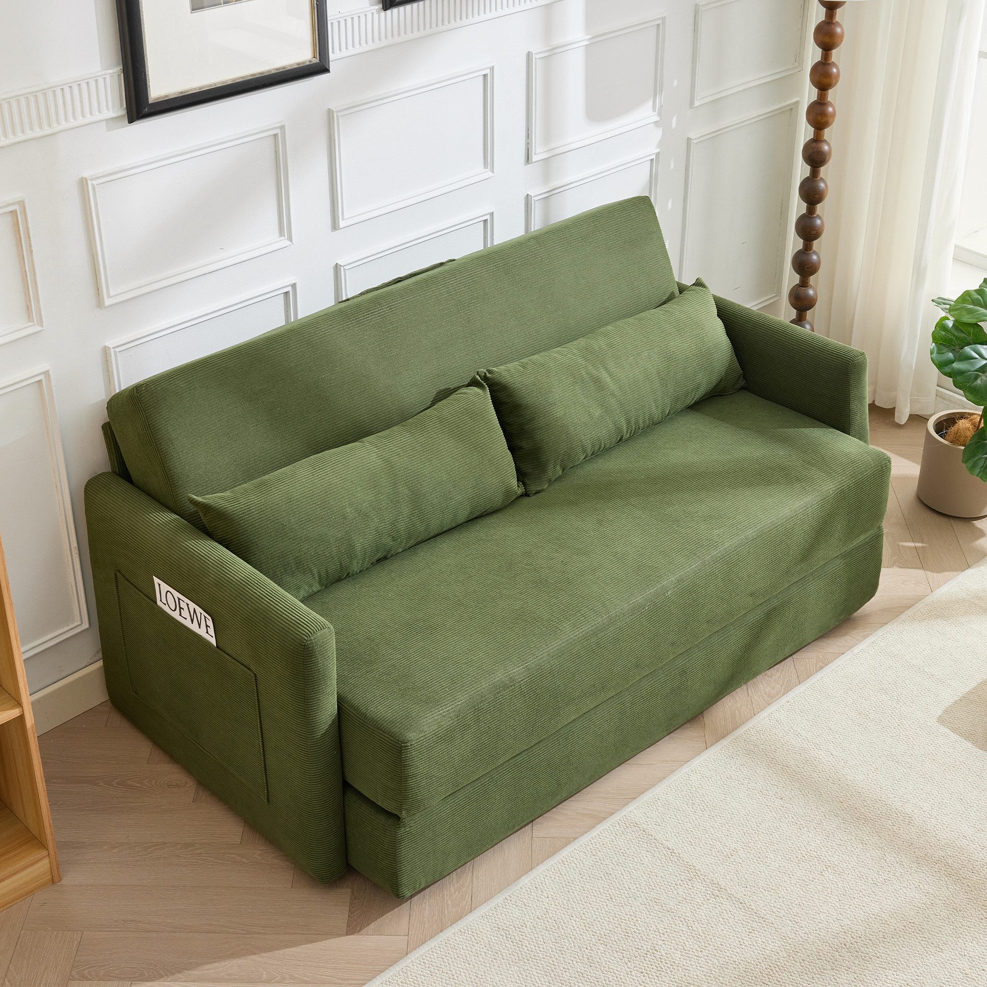 HAUSS SPOLE Loungesofa 2 in 1 Schlaffunktion,Schlafsofa Zweisitzer aus Cord mit Kissen,Grün, Relaxsofa Bodensofa-Bett mit zwei Lendenkissen und zwei Magazintaschen, Polstermöbel 165x92x82cm mit verstärkten Sofarahmen-Set