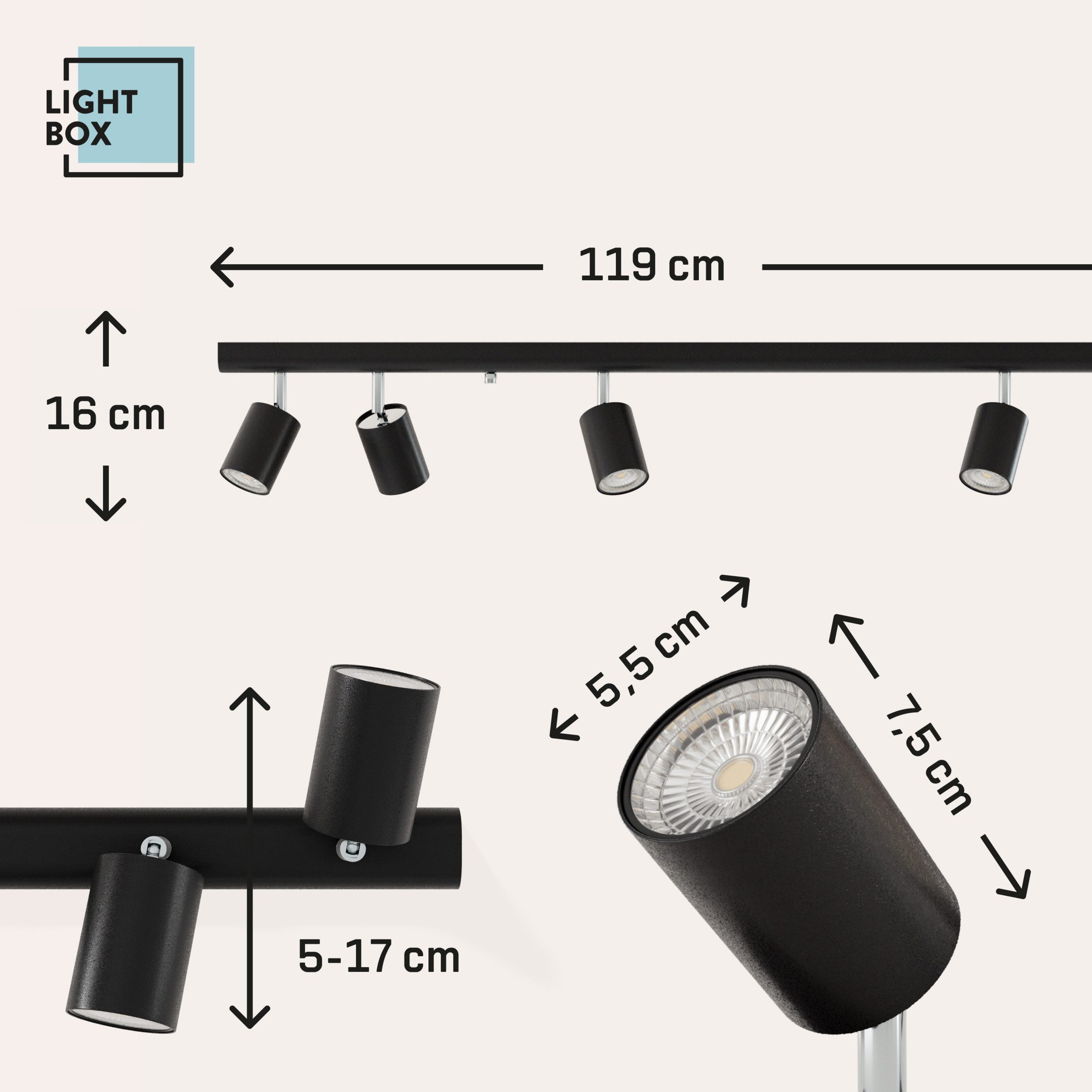Lightbox Deckenstrahler, ohne Leuchtmittel, Spotbalken, schwenkbar, 15 x 119 x 6 cm, 6 x GU10, max. 35 W, Metall