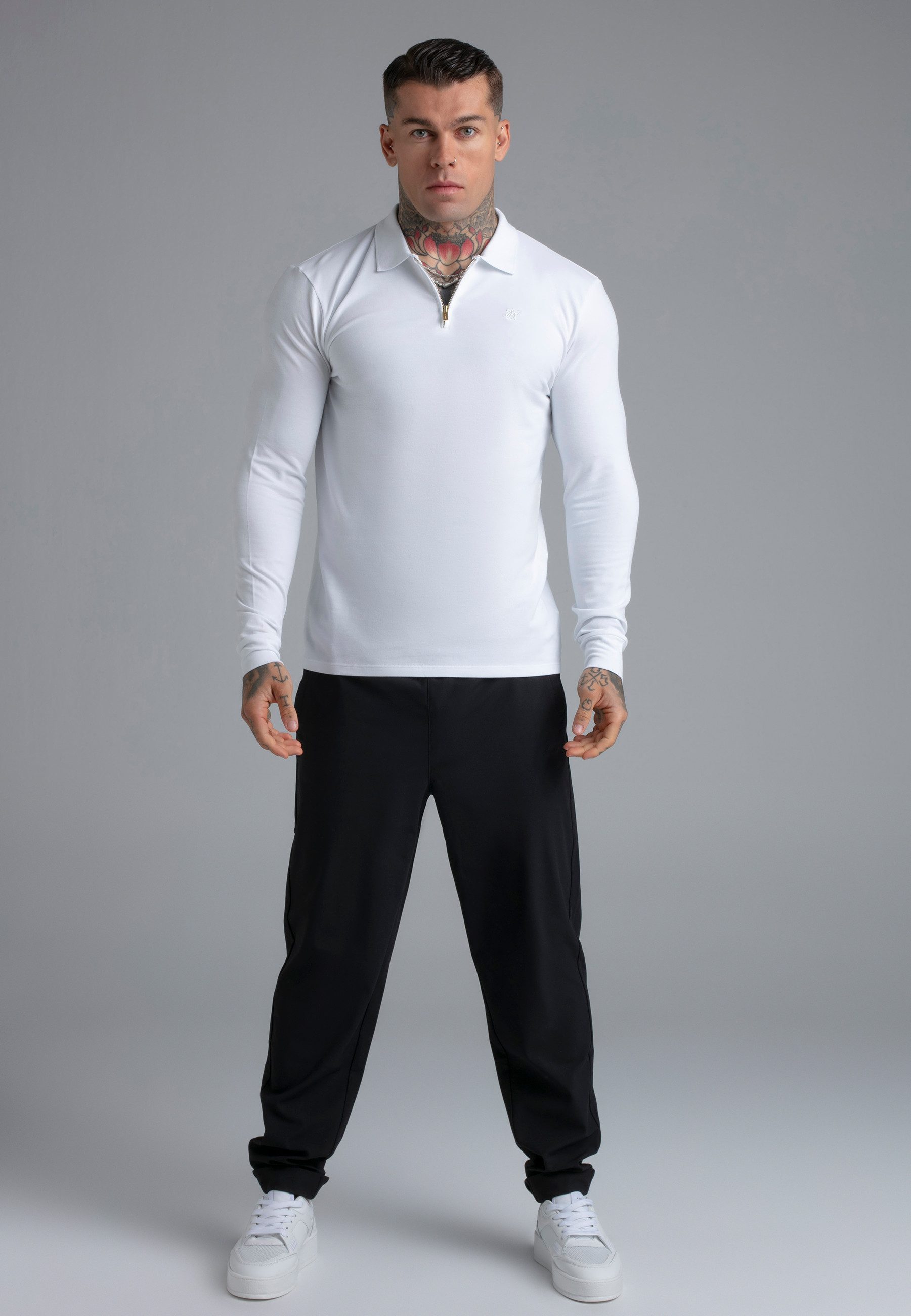 Siksilk T-Shirt SikSilk Herren Weißes Langarm Zip-Polo T-Shirt