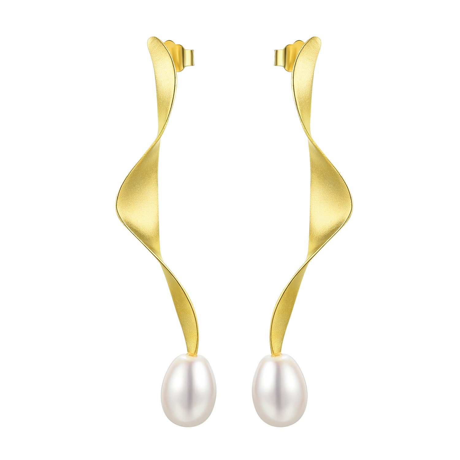 Runde Perlé Perlenohrringe Mila, gedrehter Stab mit Perle, handgefertigte Hängeohrringe, Süßwasserperlen, 925er Silber, 18K Gold. € 68,90, (€ 68,90 pro 1 Paar).