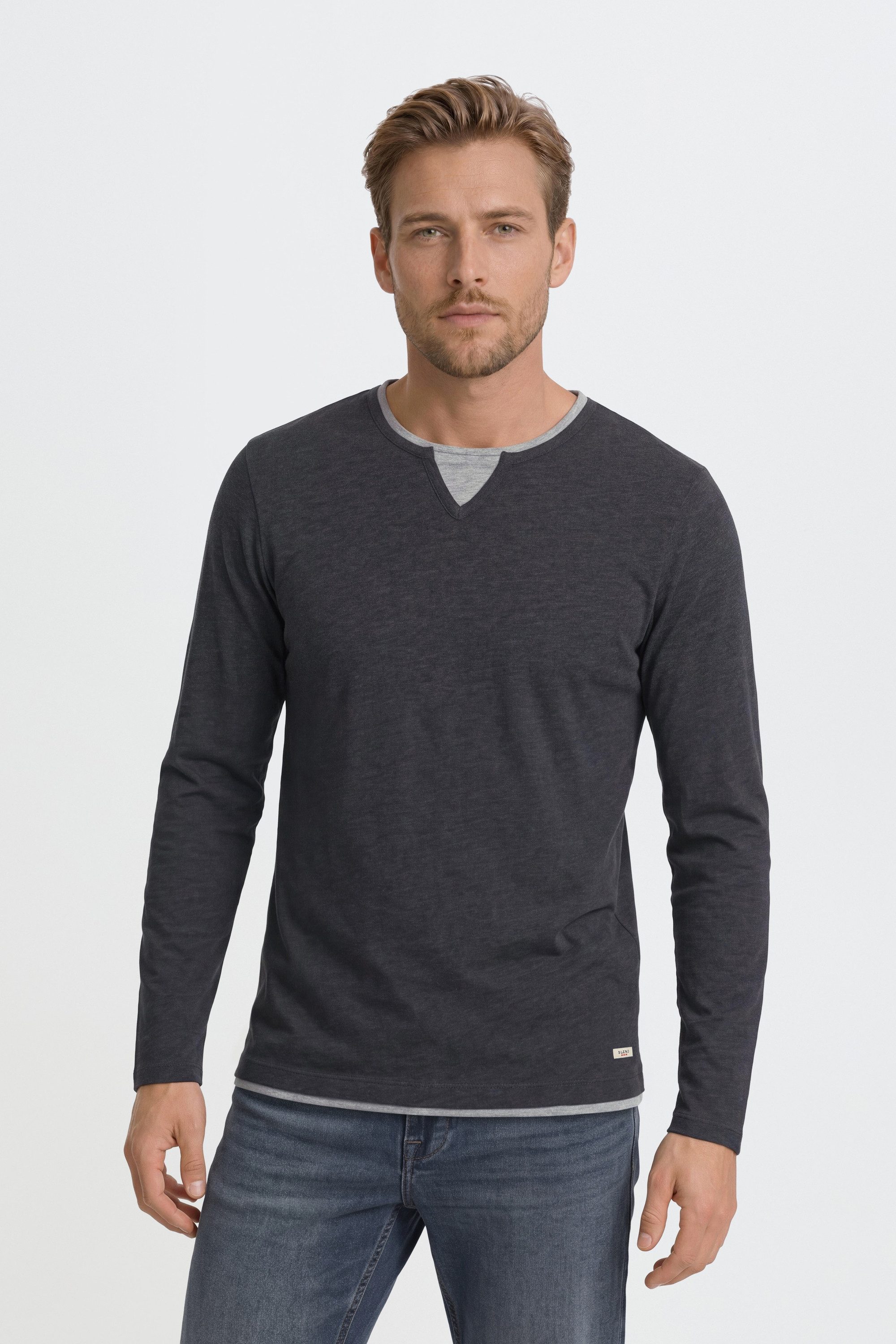 Blend Rundhalsshirt BHLeonas Klassisches Langarmshirt mit Rundhalsausschnitt in Double-Layer-Optik