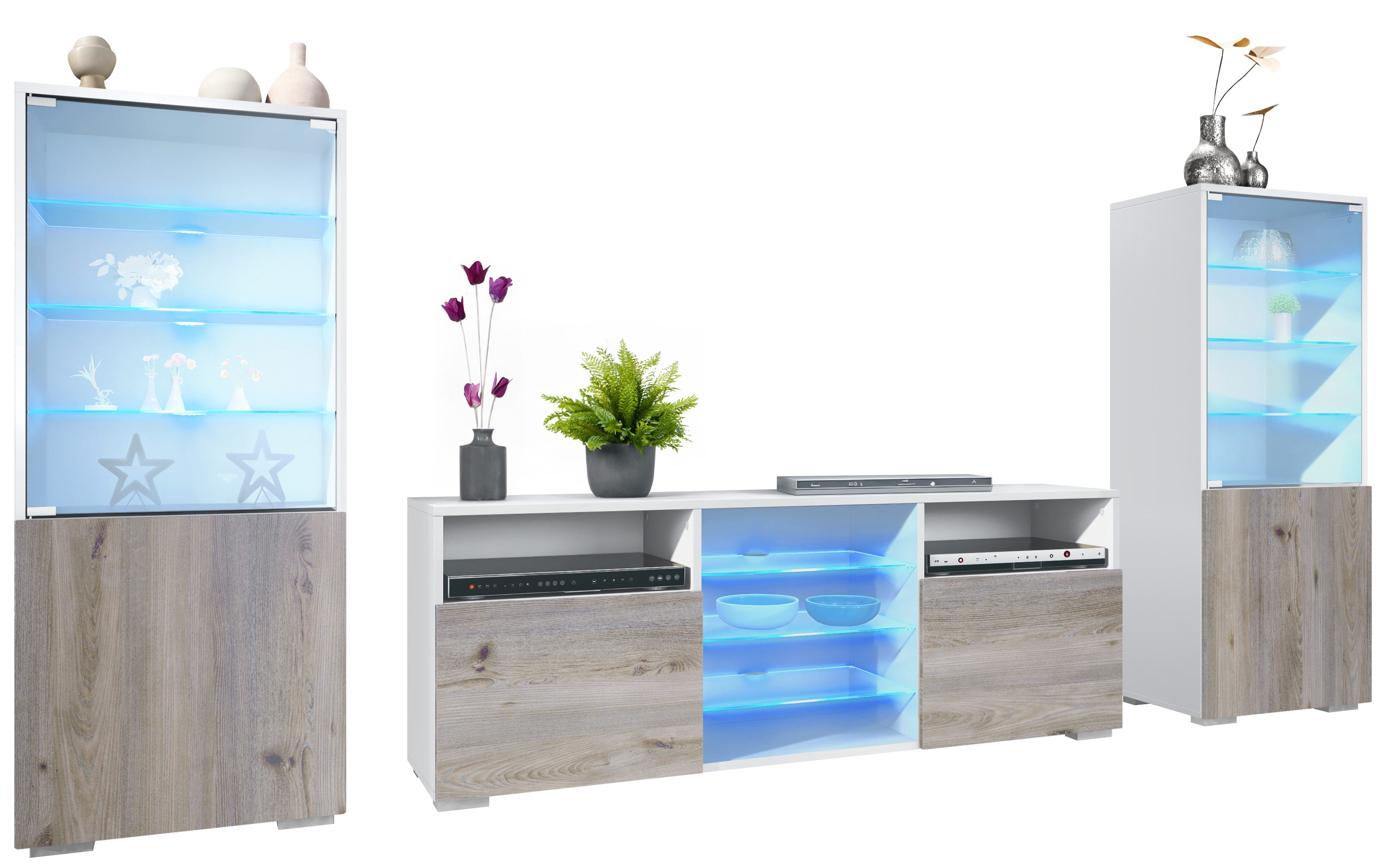 Vladon Wohnwand Granada, (Anbauwand, bestehend aus 2 Vitrinen, 1 TV-Board und LED-Beleuchtung), Weiß matt/Eiche Nordic (286 x 122,5 x 35 cm)