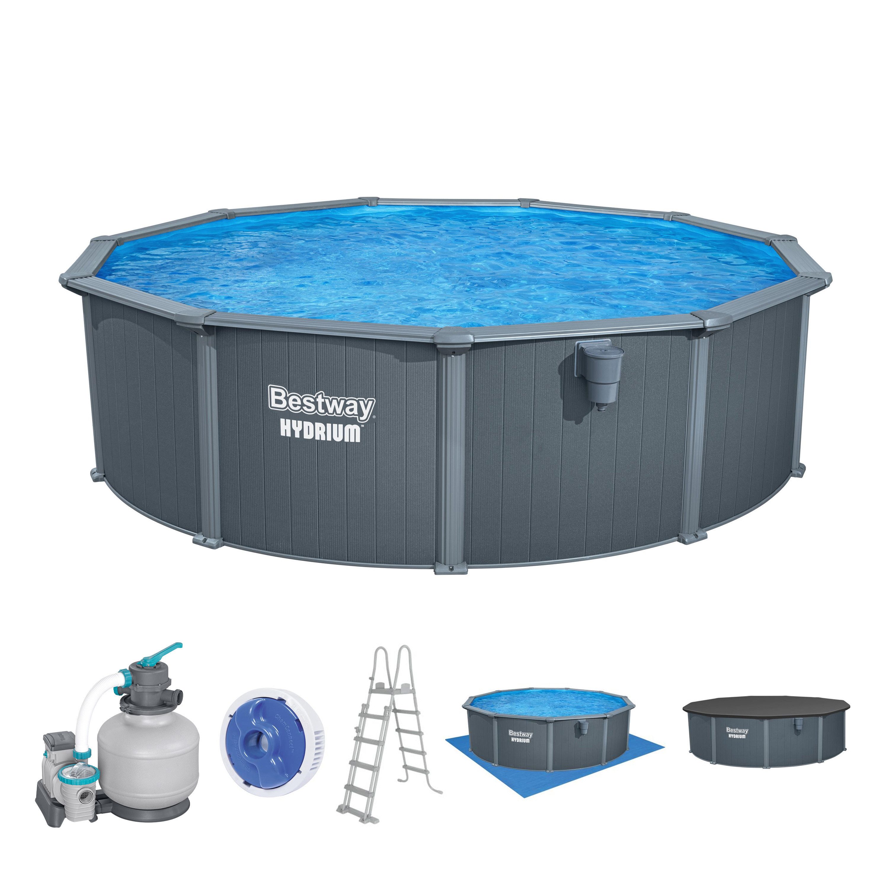 Bestway Pool Hydrium (Set, Inkl. Sandfilteranlage, Sicherheitsleiter, Abdeckplane, Bodenplane), Ø 488 x 132 cm