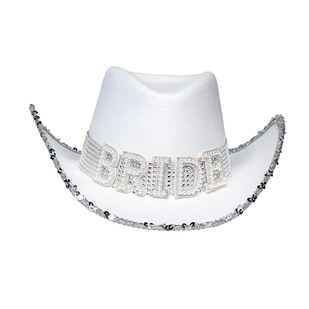 Boland Kostüm Bride Hut weiß stylischer Cowboyhut mit Glitzer 59 cm JGA Hochzeit, BRIDE funkelnd - Accessoire für Junggesellinnenabschied