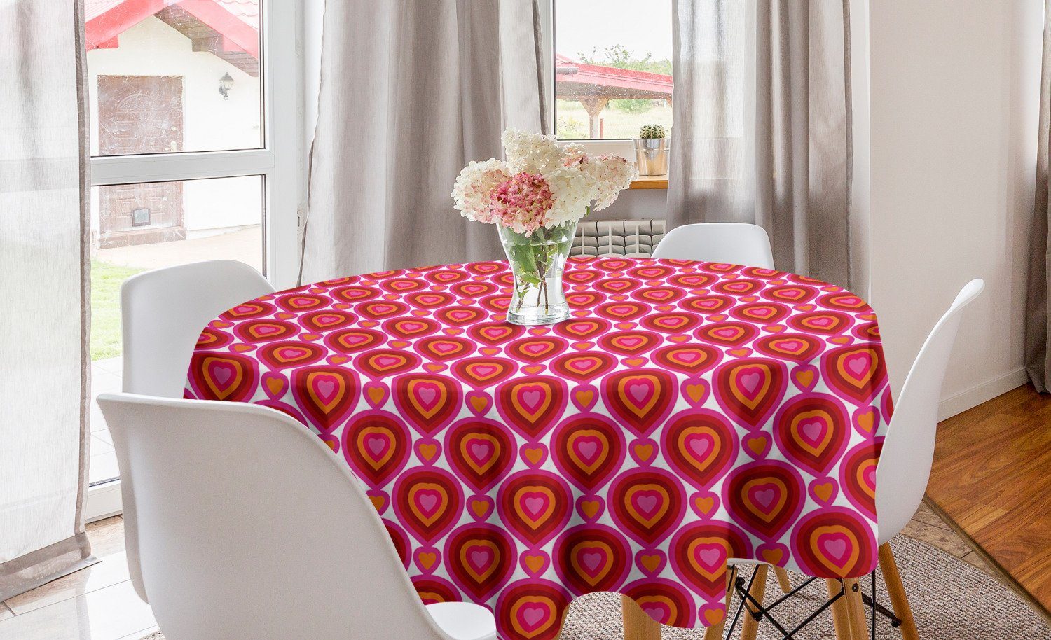 Abakuhaus Tischdecke Kreis Tischdecke Abdeckung für Esszimmer Küche Dekoration, Herzen Bunte Valentines Day Tile