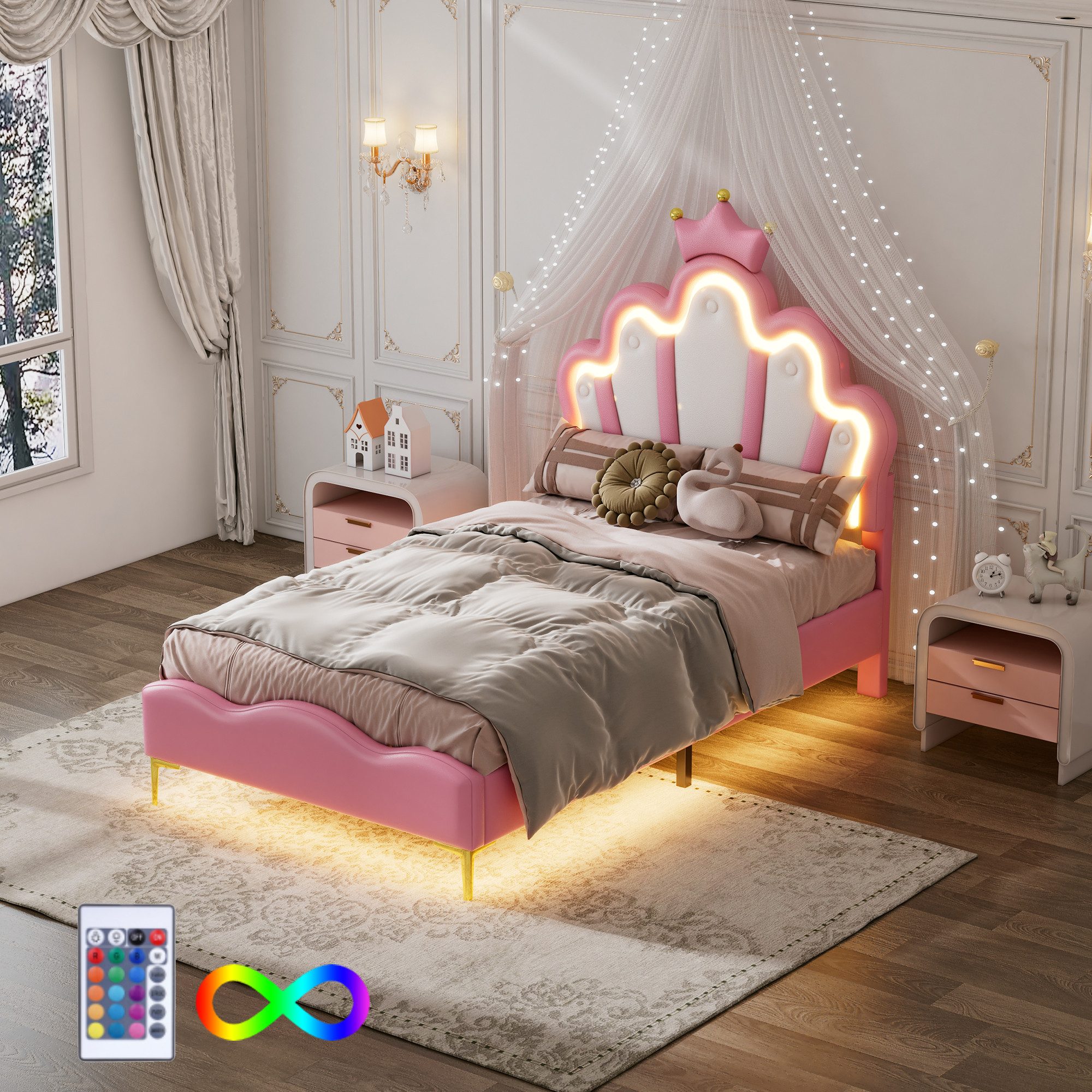 Flieks Polsterbett, LED Kinderbett Einzelbett mit krone-Form Prinzessinnenb günstig online kaufen