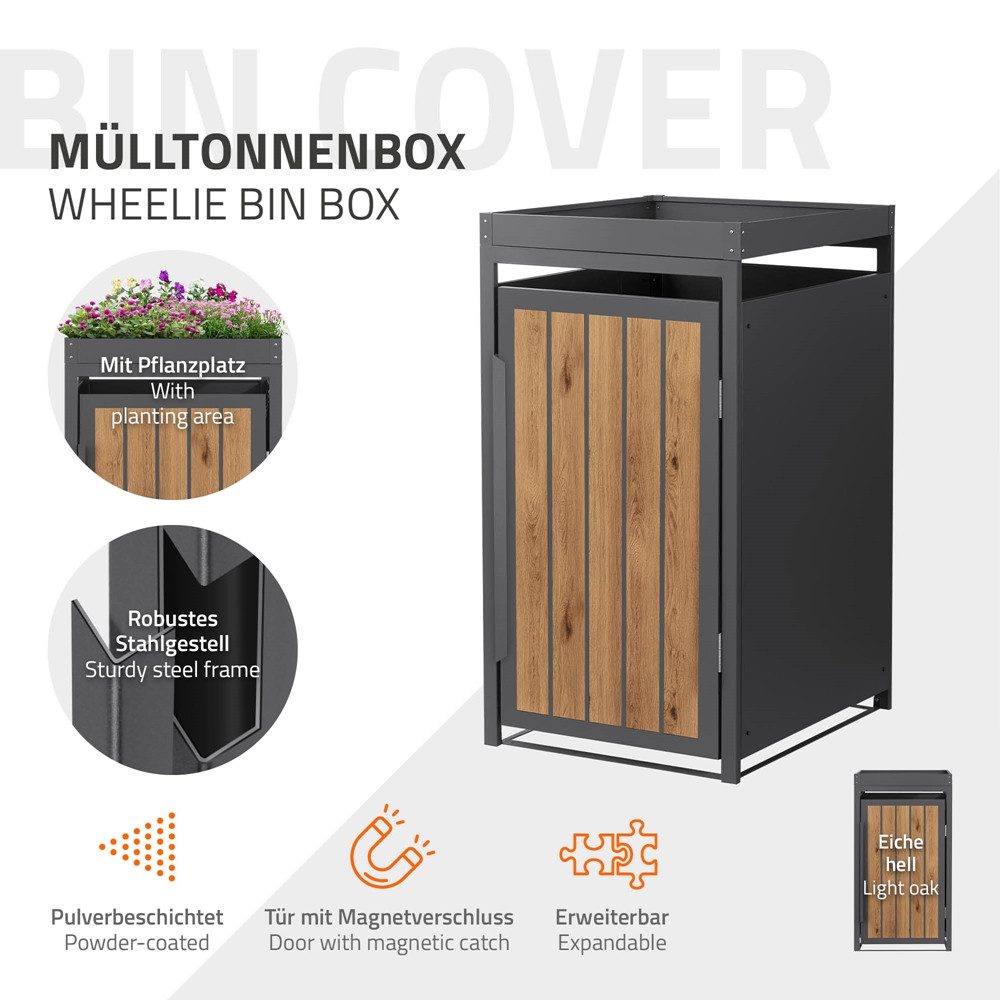 ML-DESIGN Mülltonnenbox Müllbox aus Stahl wetterfeste Mülltonnen Verkleidung Mülltonnengarage, Mülltonnencontainer mit Pflanzdach für 1 Tonne 120 oder 240 Liter